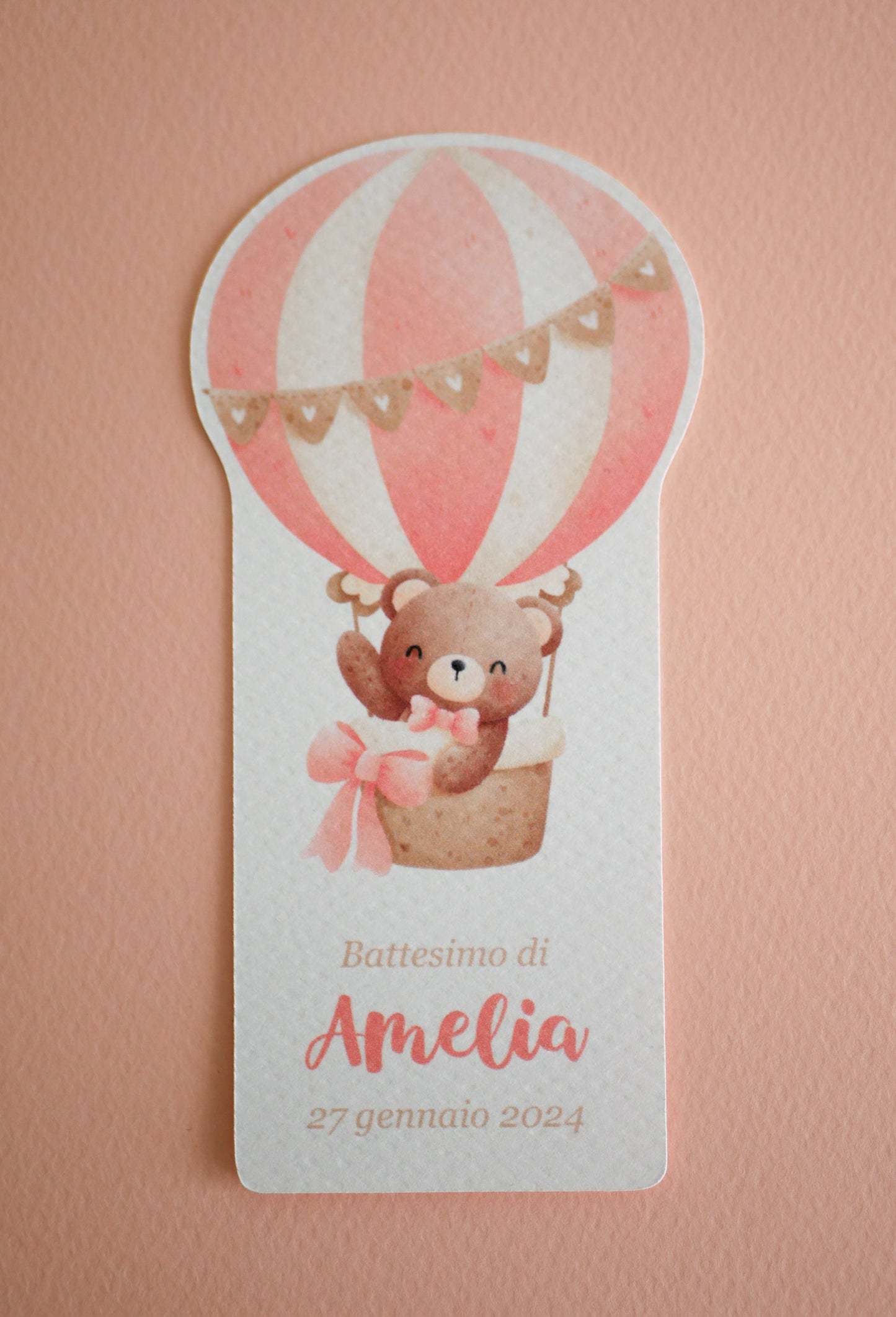 Segnalibro Battesimo con mongolfiera, segnaposto orsetto, segnaposto tavola Battesimo, segnalibro compleanno bambina, omaggio per ospiti