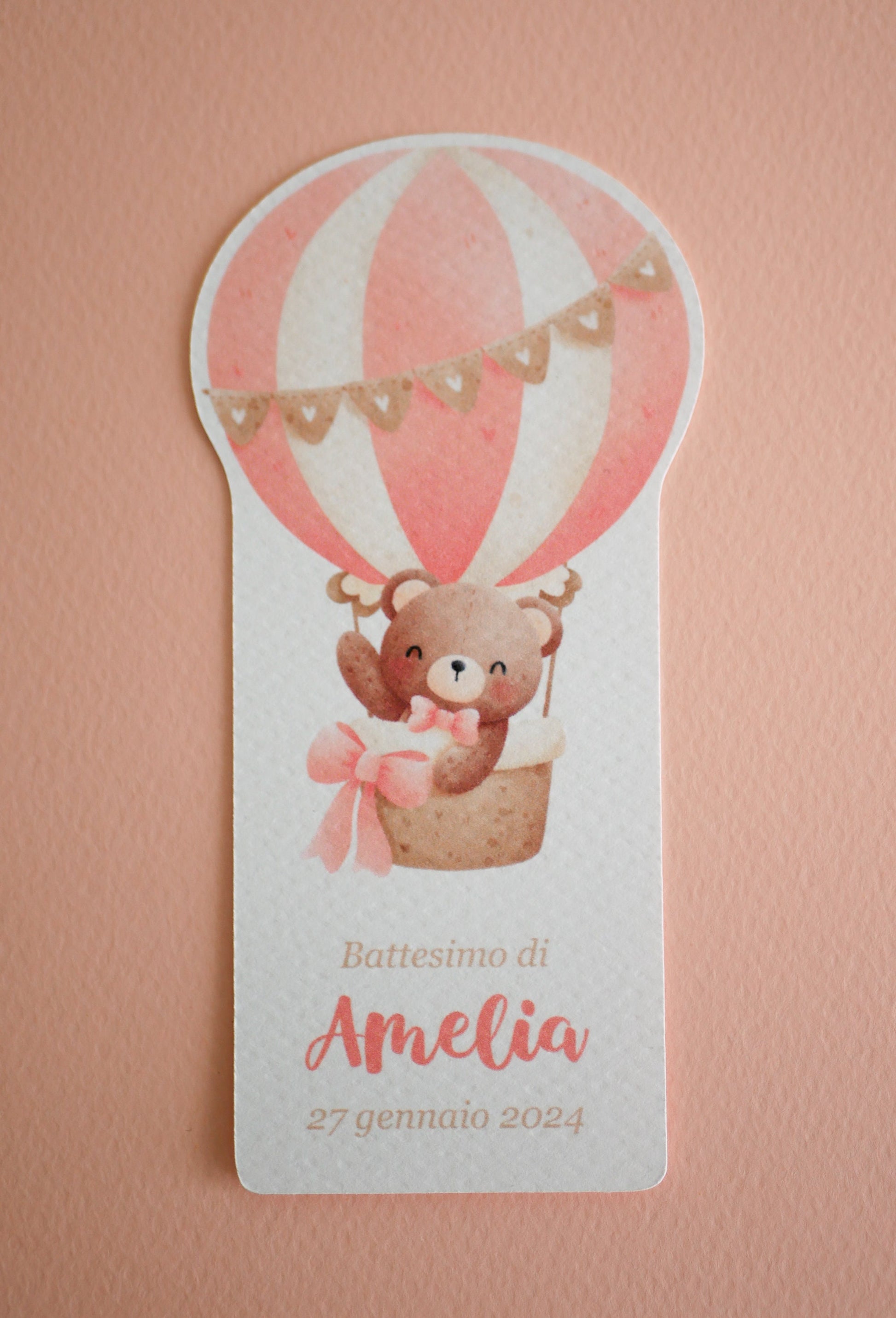 Segnalibro Battesimo con mongolfiera, segnaposto orsetto, segnaposto tavola Battesimo, segnalibro compleanno bambina, omaggio per ospiti