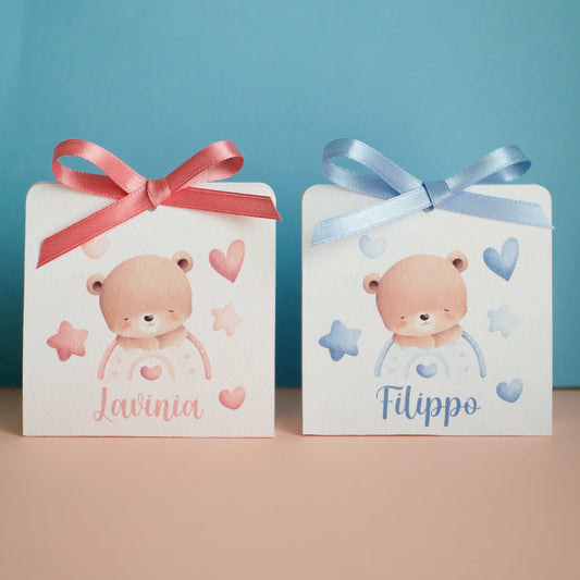 Scatolina battesimo bambina, scatolina porta confetti nascita, bomboniera battesimo bambino con orsetto e orsetta con arcobaleno