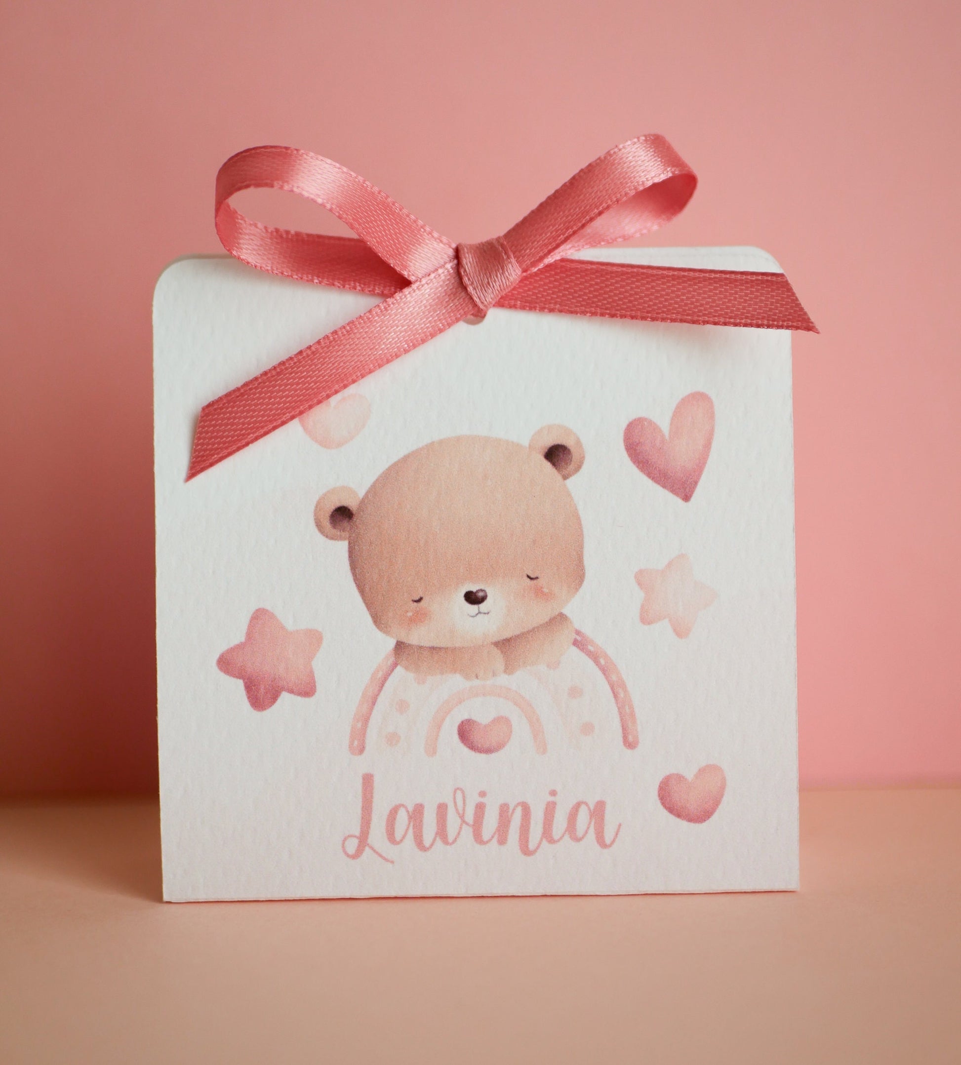 Scatolina battesimo bambina, scatolina porta confetti nascita, bomboniera battesimo bambino con orsetto e orsetta con arcobaleno