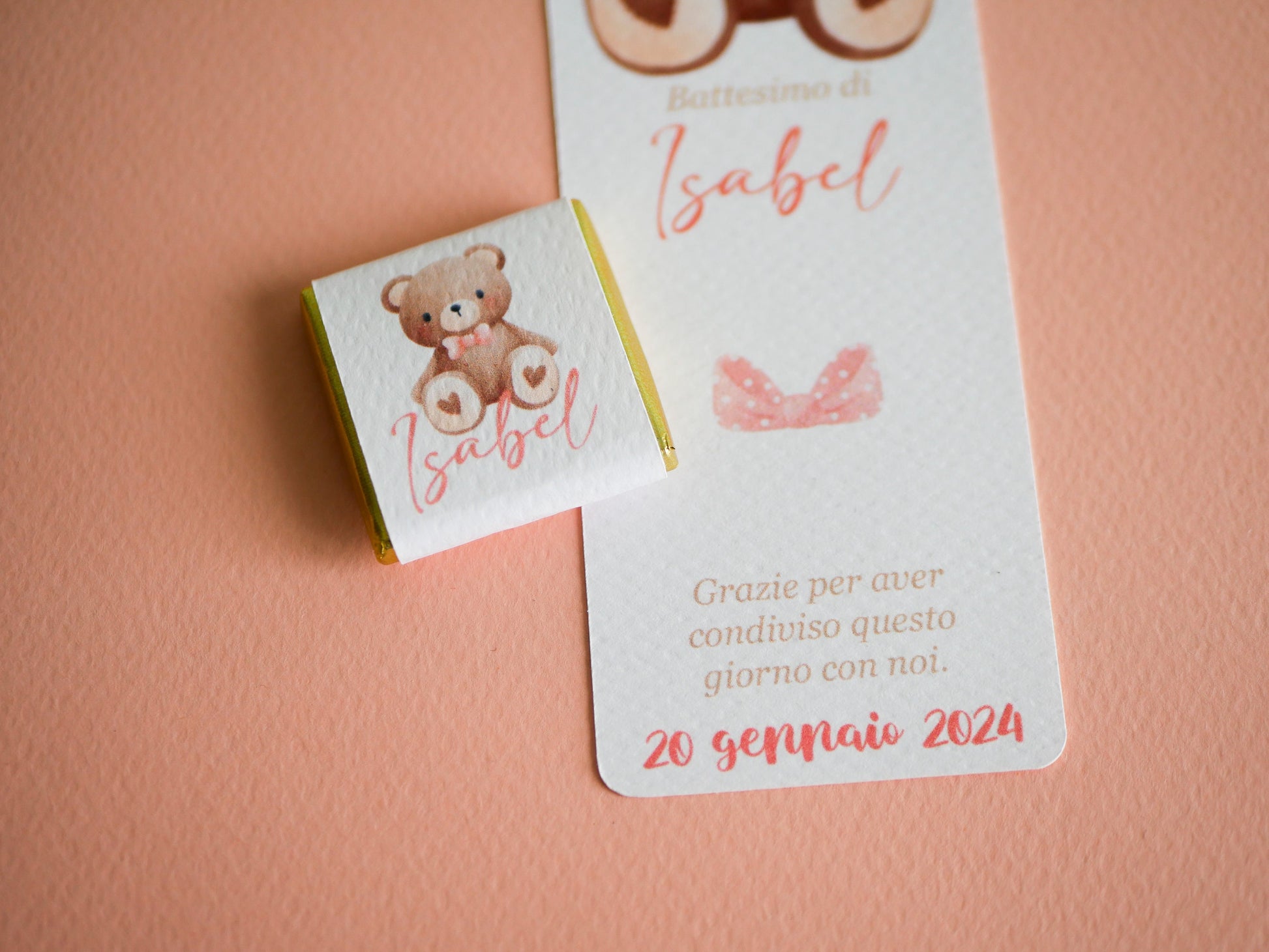 Cioccolatino personalizzato con segnalibro per Battesimo orsetto, segnaposto nascita, tavola compleanno, orsetto carino con fiocco rosa