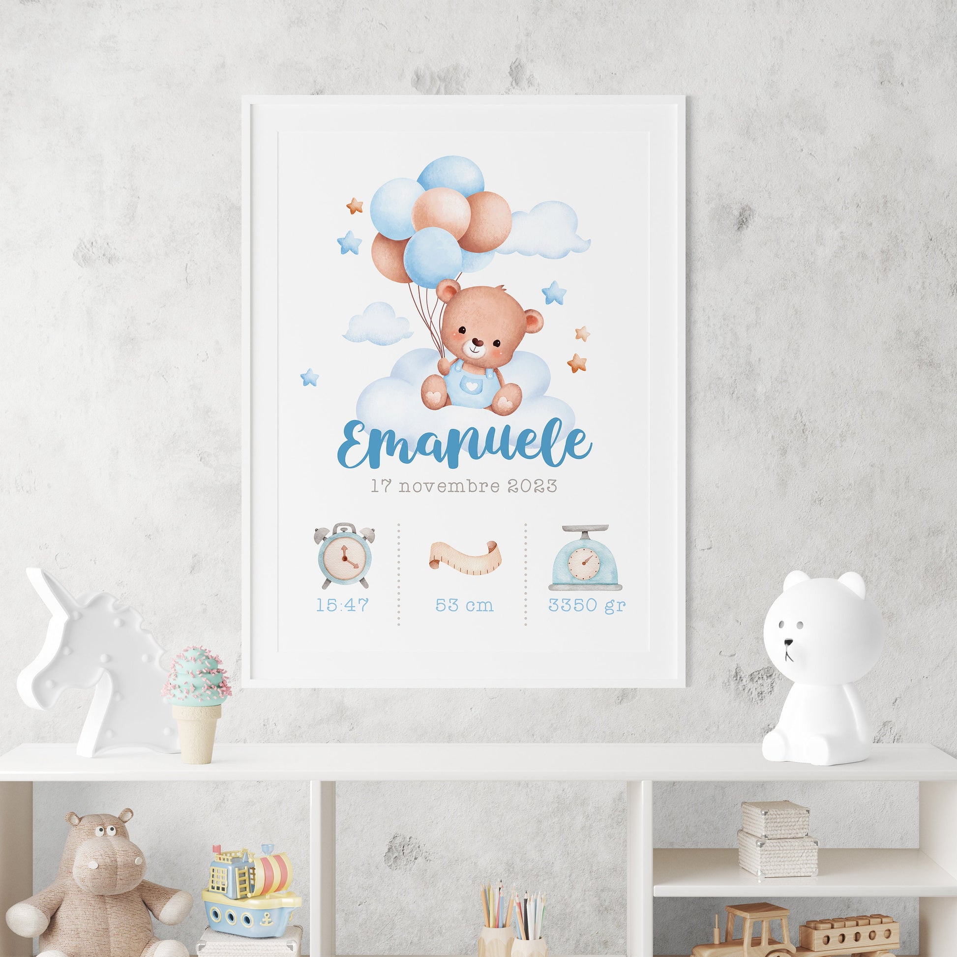 Quadretto nascita personalizzato con orsetto rosa o celeste, idea regalo nascita bambino o bambina
