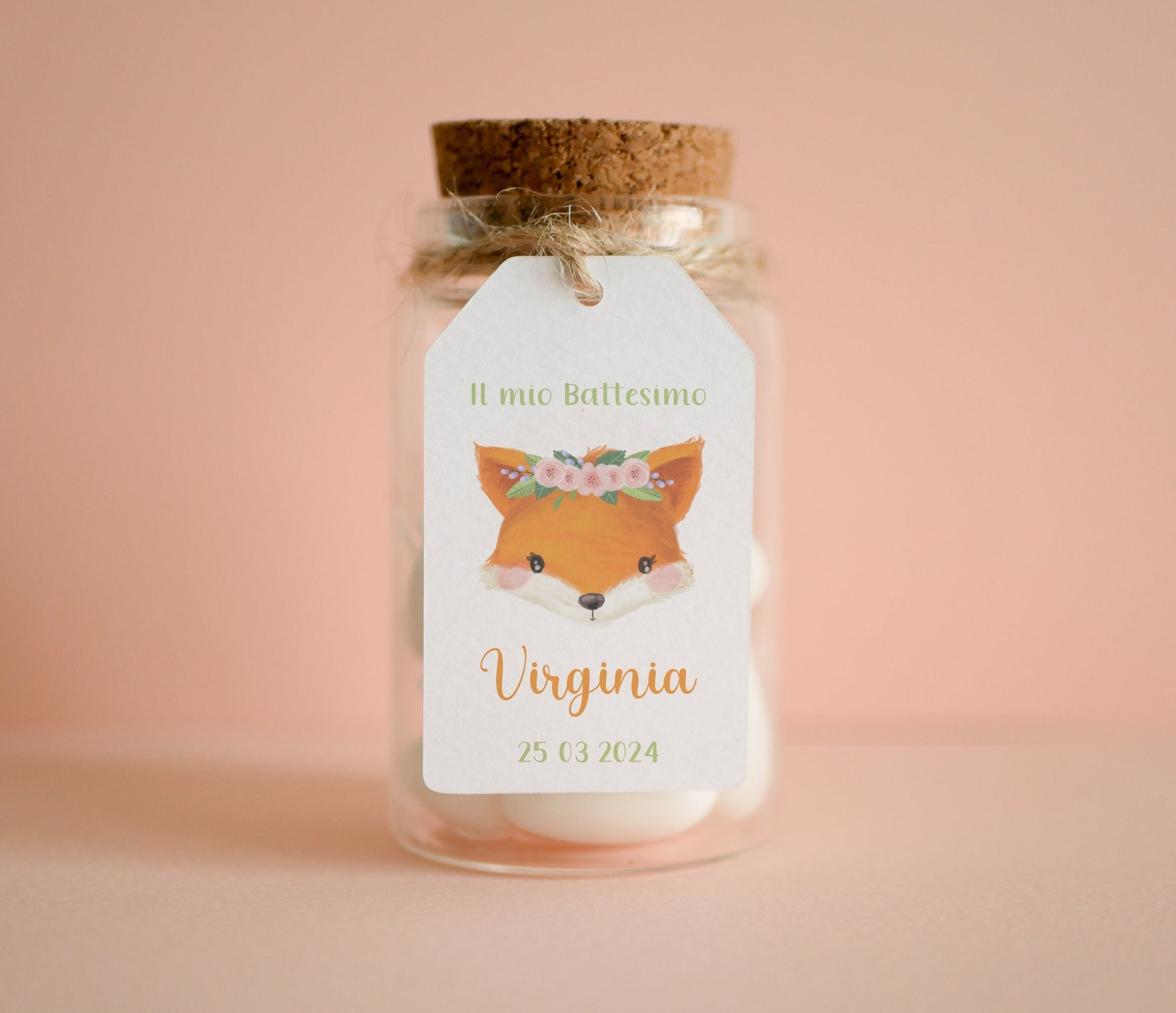 Tag rettangolari Battesimo bambina con animali, segnaposto volpe, segnatavola Comunione elefantino, tag Cresima orso