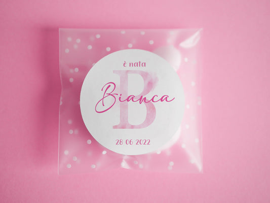 Bustine confetti battesimo con adesivo personalizzato, bomboniera nascita bambino o bambina con iniziale acquerello, bomboniera fai da te