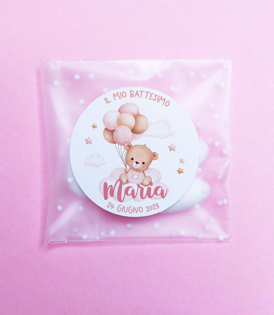 Bustine confetti battesimo con adesivo personalizzato, bomboniera nascita bambina con orsetto rosa, bomboniera DIY fai da te, regalo ospiti
