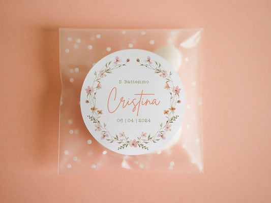 Bustine confetti battesimo con adesivo floreale personalizzato, bomboniera nascita bambina fiori