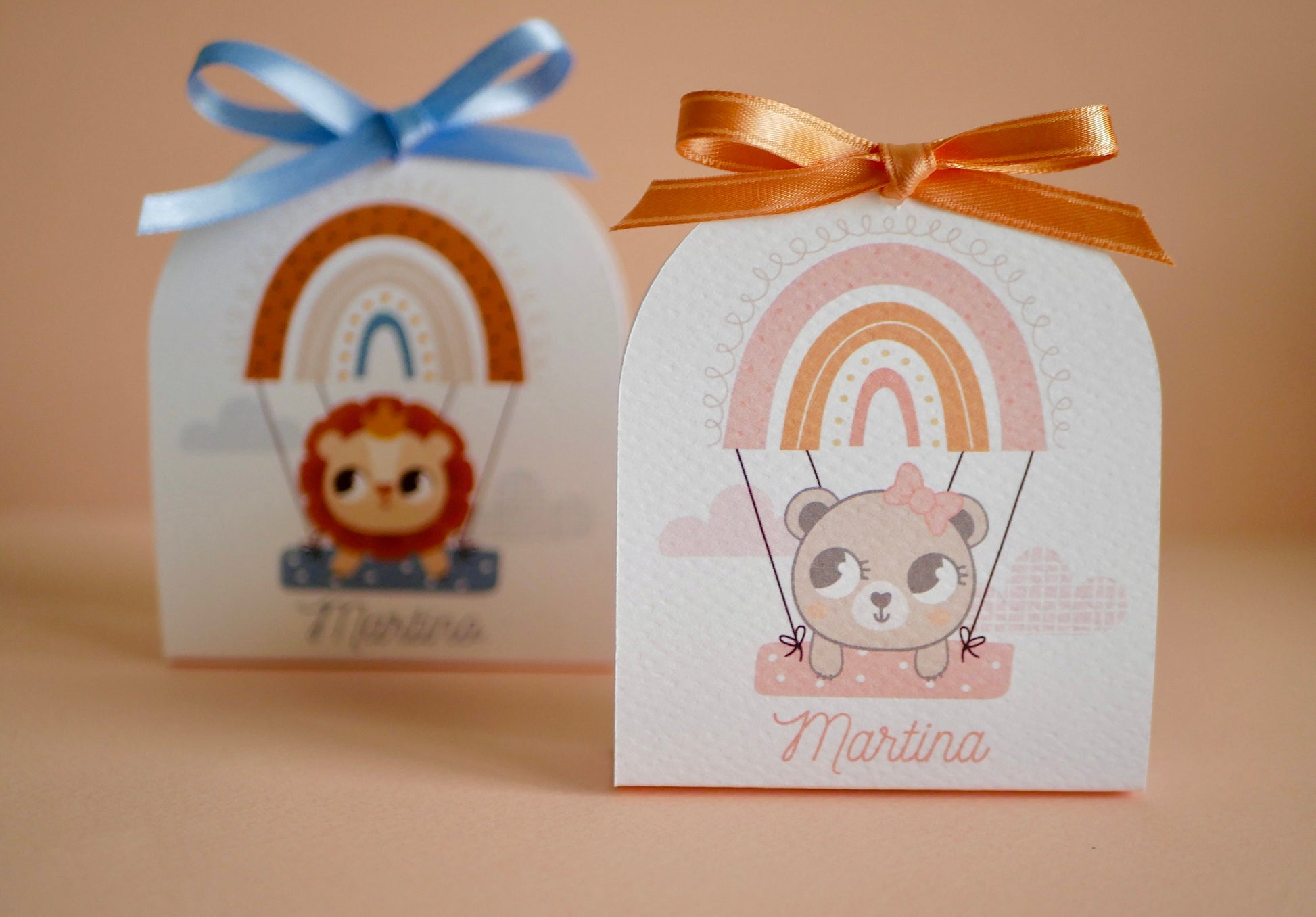 Scatolina battesimo bambina mongolfiera, scatolina porta confetti nascita, bomboniera battesimo bambino con leoncino e orsetta arcobaleno