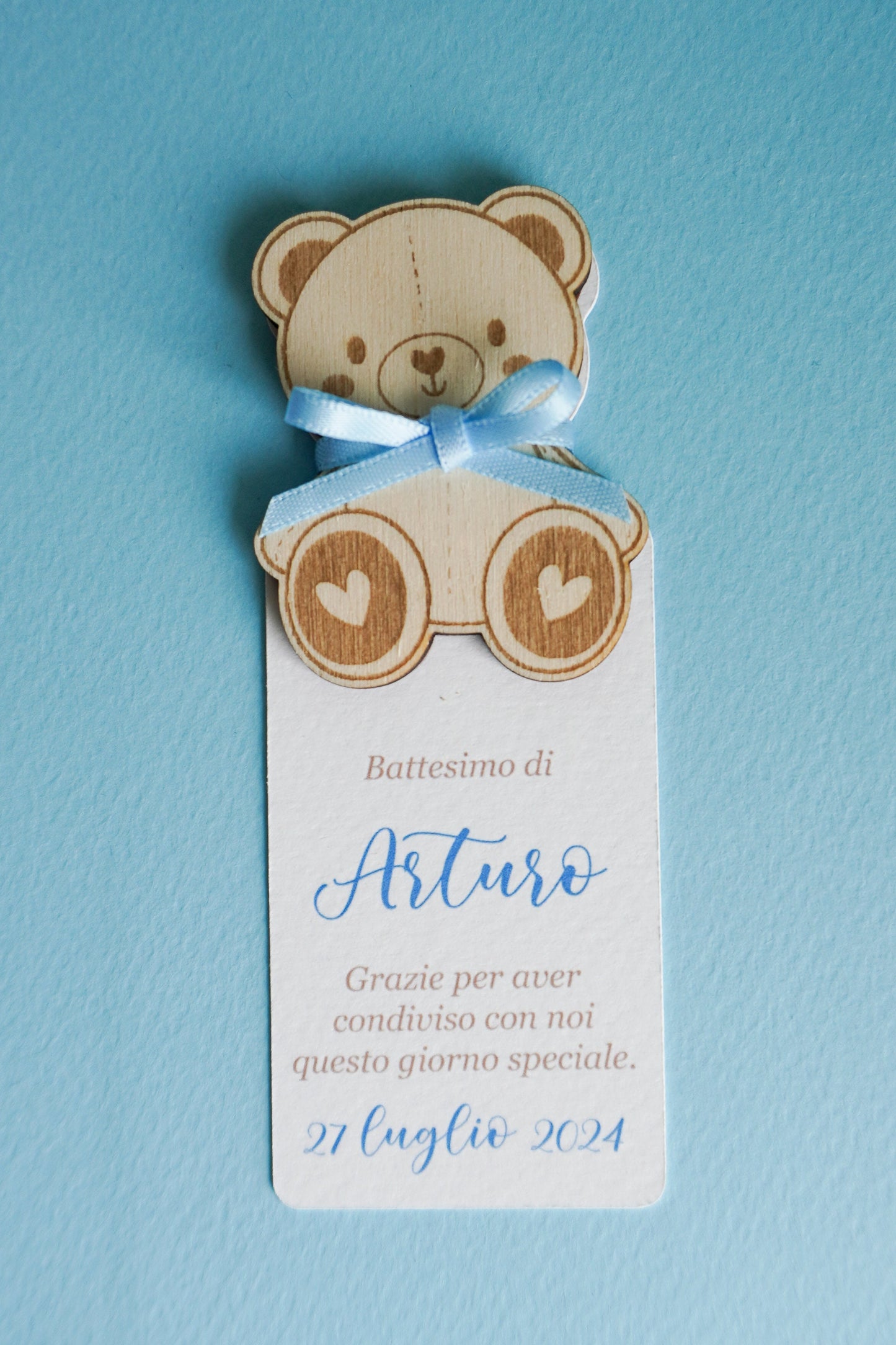 Segnaposto in legno con orsetto, Calamita orsacchiotto in legno con segnalibro per Battesimo bambino e bambina
