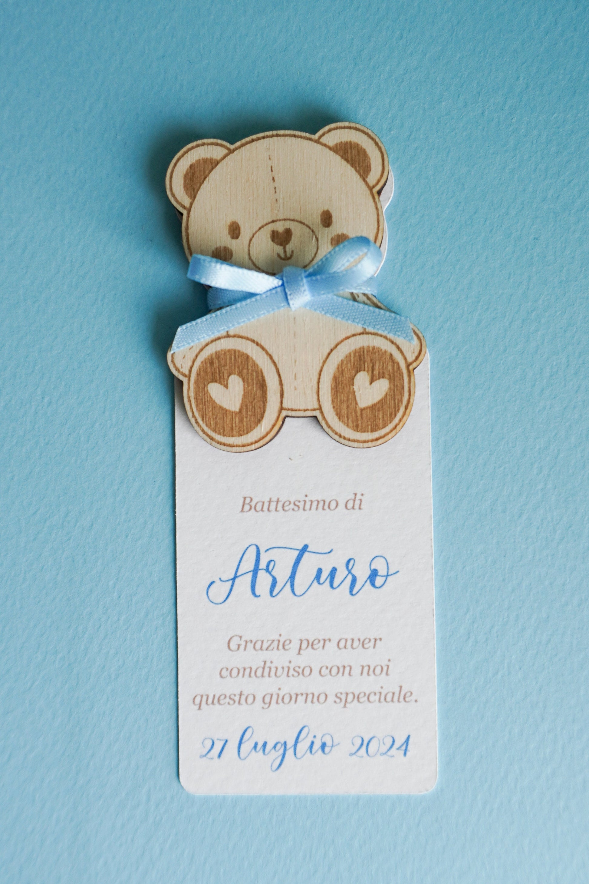 Segnaposto in legno con orsetto, Calamita orsacchiotto in legno con segnalibro per Battesimo bambino e bambina