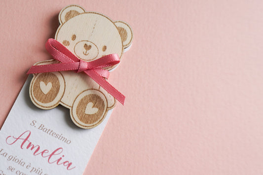 Segnaposto in legno con orsetto, Calamita orsacchiotto in legno con segnalibro per Battesimo bambino e bambina