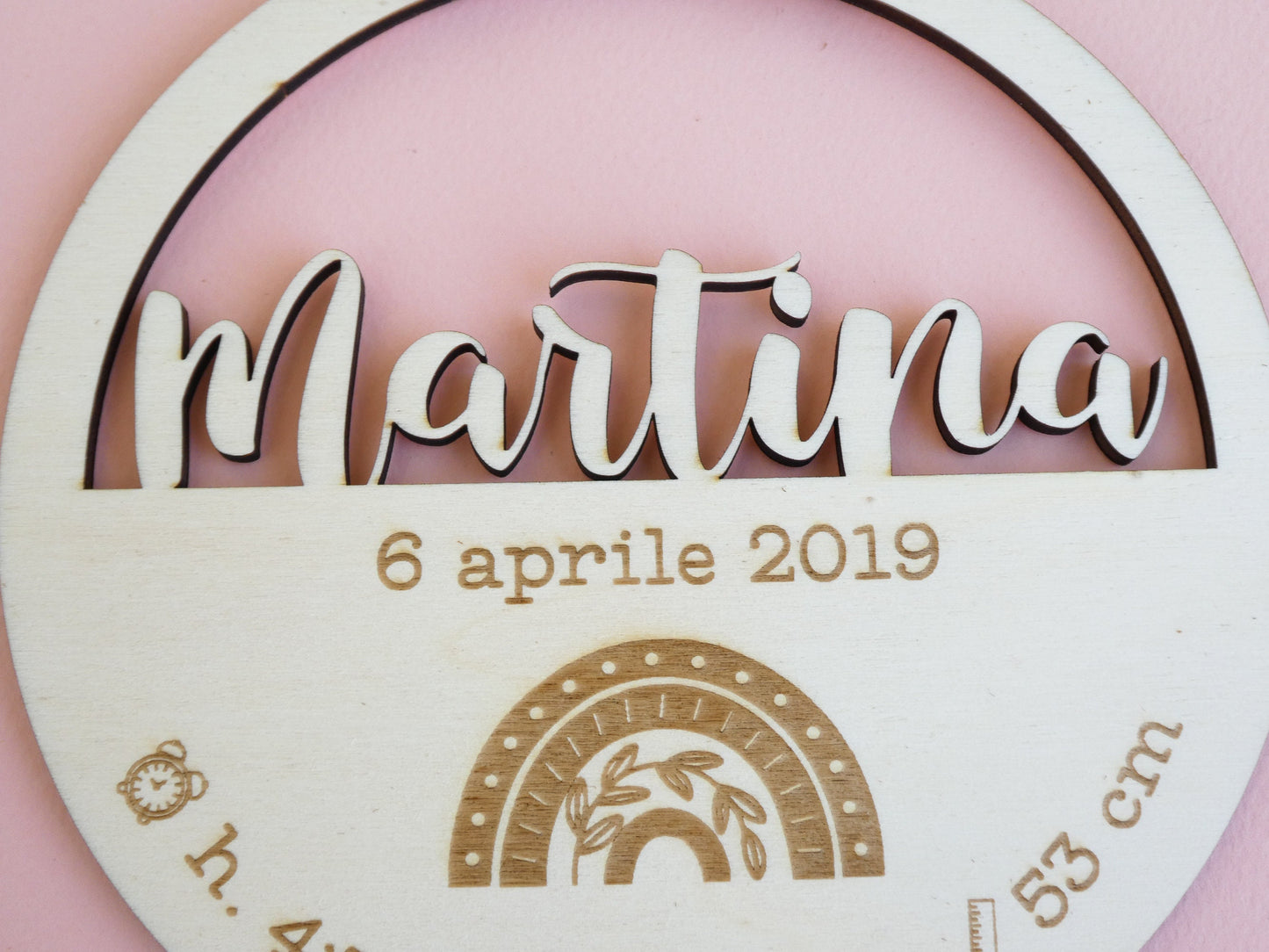 Quadretto nascita in legno con arcobaleno, personalizzazione con nome e data di nascita, incisione e tagliato al laser, personalizzato