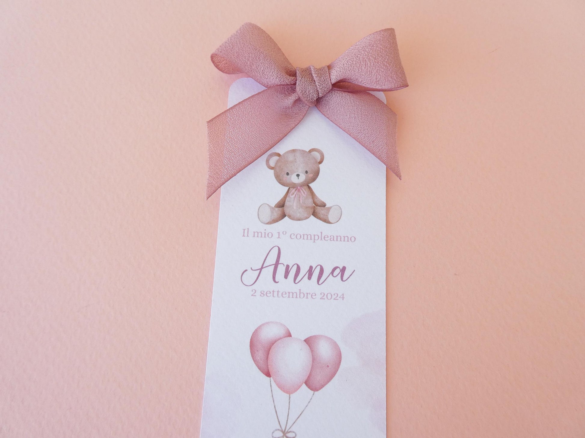 Segnalibro primo compleanno con orsetto personalizzato, segnaposto Battesimo, orsetto carino con fiocco rosa e blu per nascita bimbo e bimba