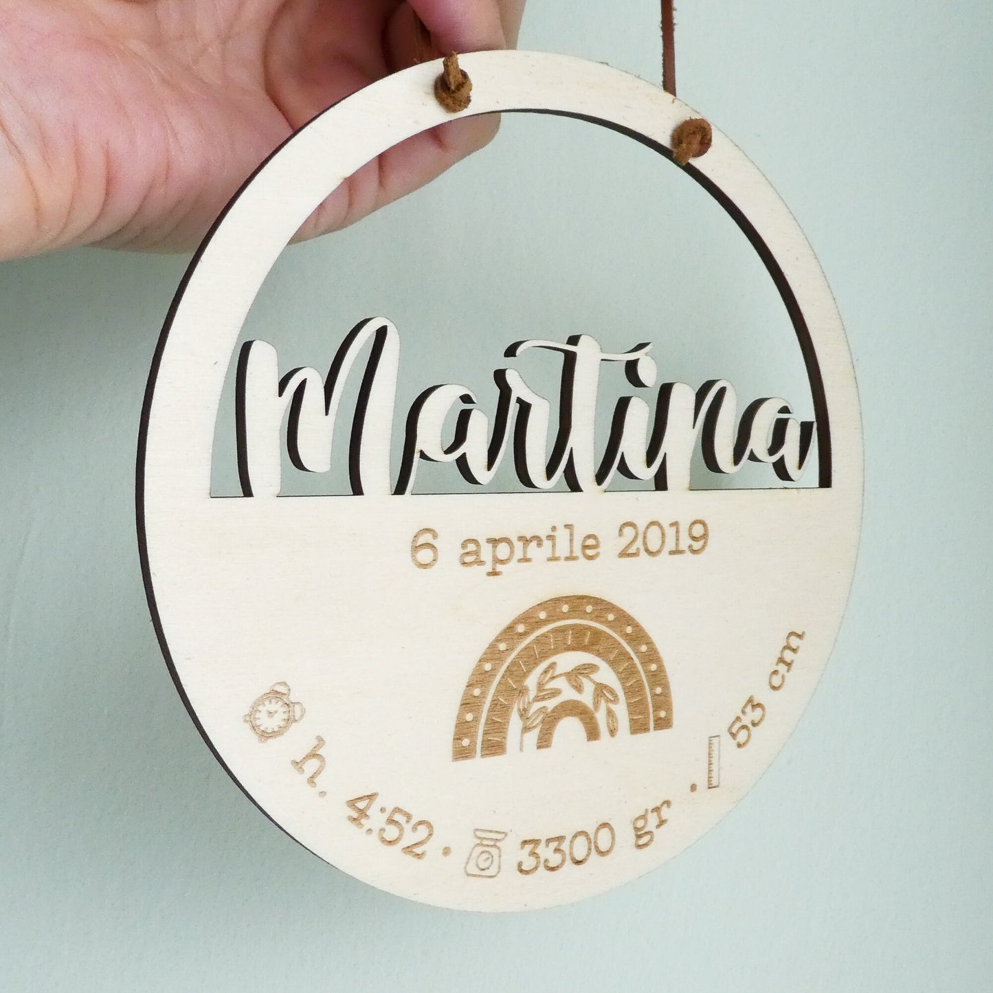 Quadretto nascita in legno con arcobaleno, personalizzazione con nome e data di nascita, incisione e tagliato al laser, personalizzato
