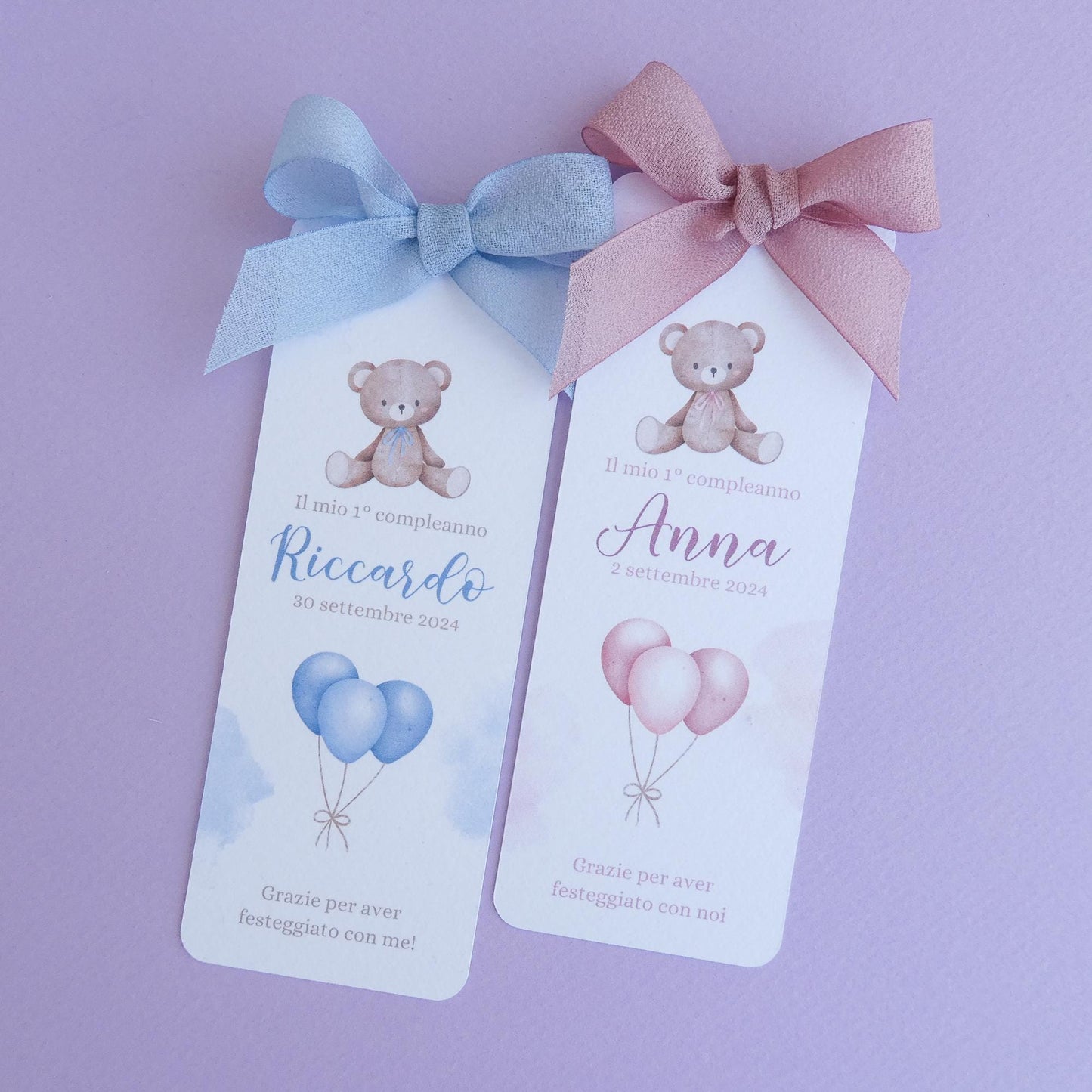 Segnalibro primo compleanno con orsetto personalizzato, segnaposto Battesimo, orsetto carino con fiocco rosa e blu per nascita bimbo e bimba