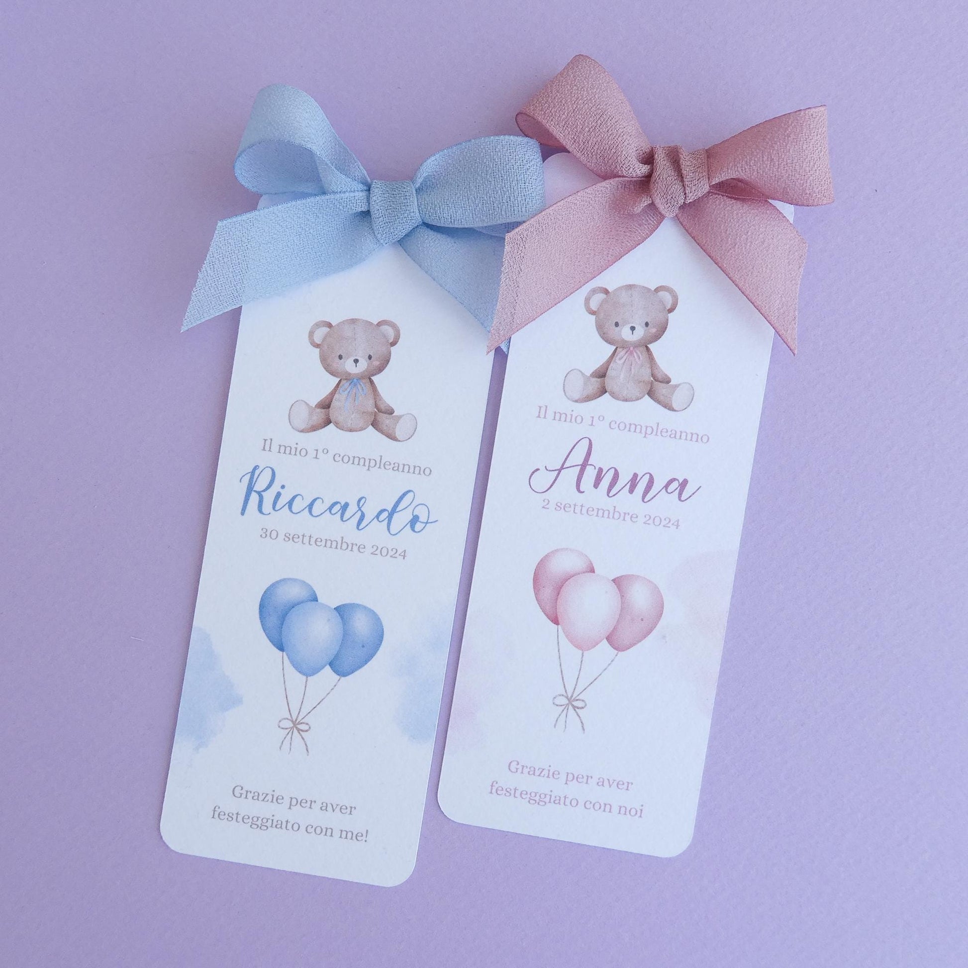 Segnalibro primo compleanno con orsetto personalizzato, segnaposto Battesimo, orsetto carino con fiocco rosa e blu per nascita bimbo e bimba