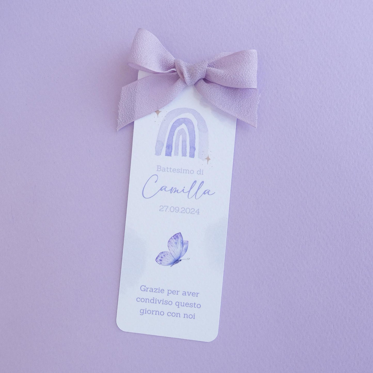 Segnalibro Battesimo con arcobaleno e nastro di chiffon, segnaposto arcobaleno, segnaposto Comunione, segnalibro omaggio in stile boho-chic