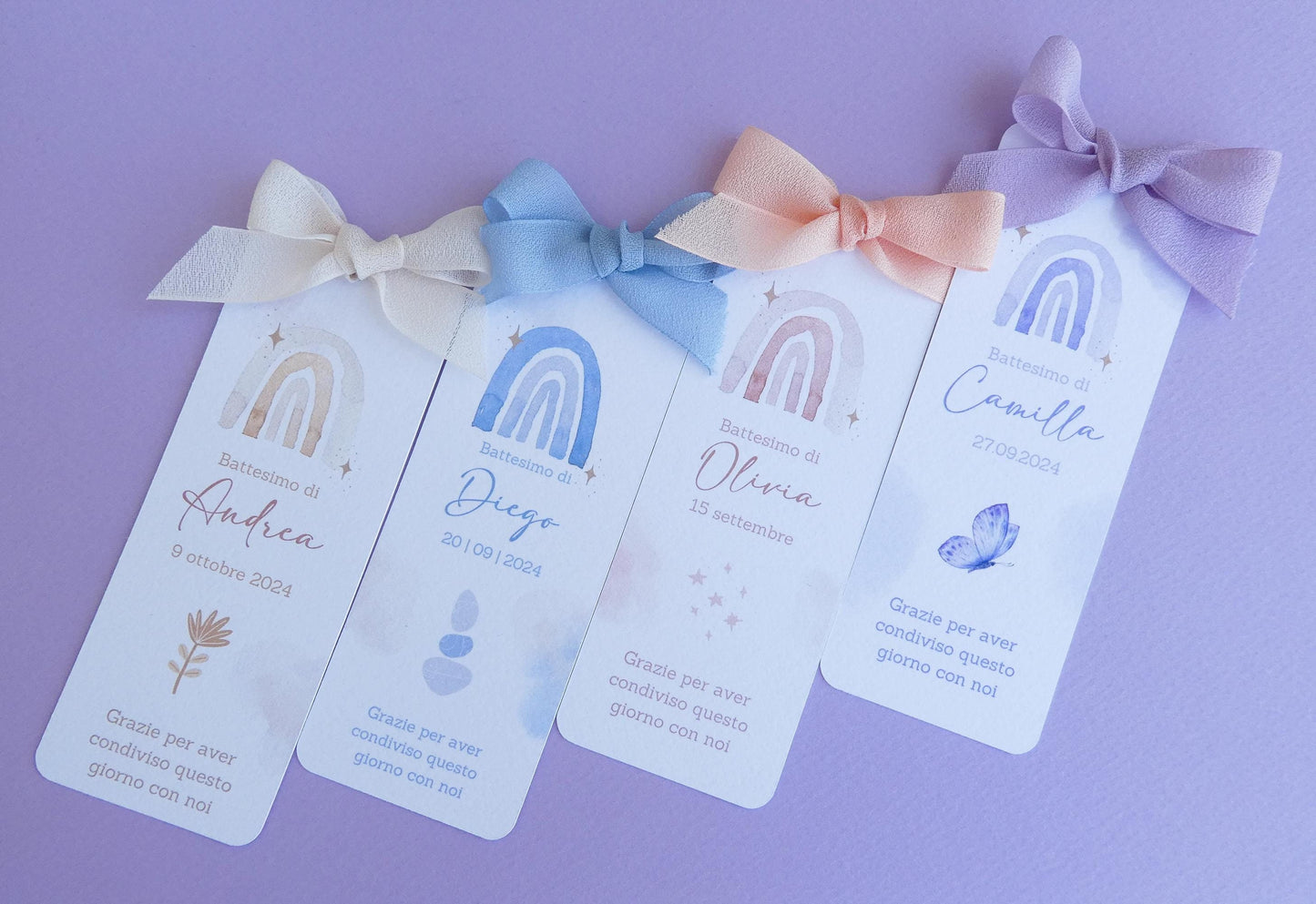 Segnalibro Battesimo con arcobaleno e nastro di chiffon, segnaposto arcobaleno, segnaposto Comunione, segnalibro omaggio in stile boho-chic