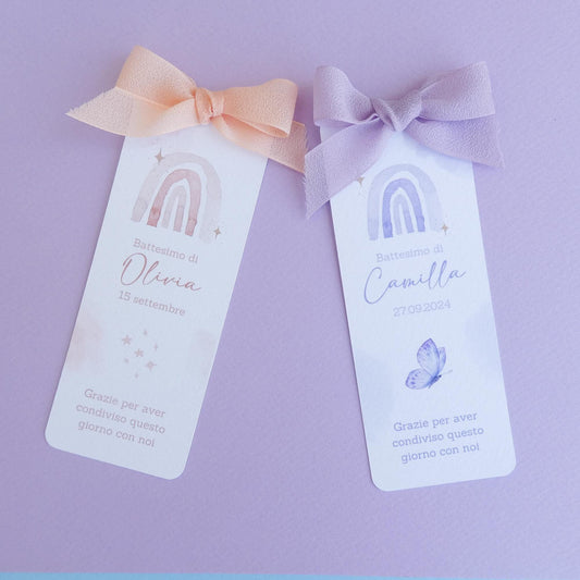 Segnalibro Battesimo con arcobaleno e nastro di chiffon, segnaposto arcobaleno, segnaposto Comunione, segnalibro omaggio in stile boho-chic