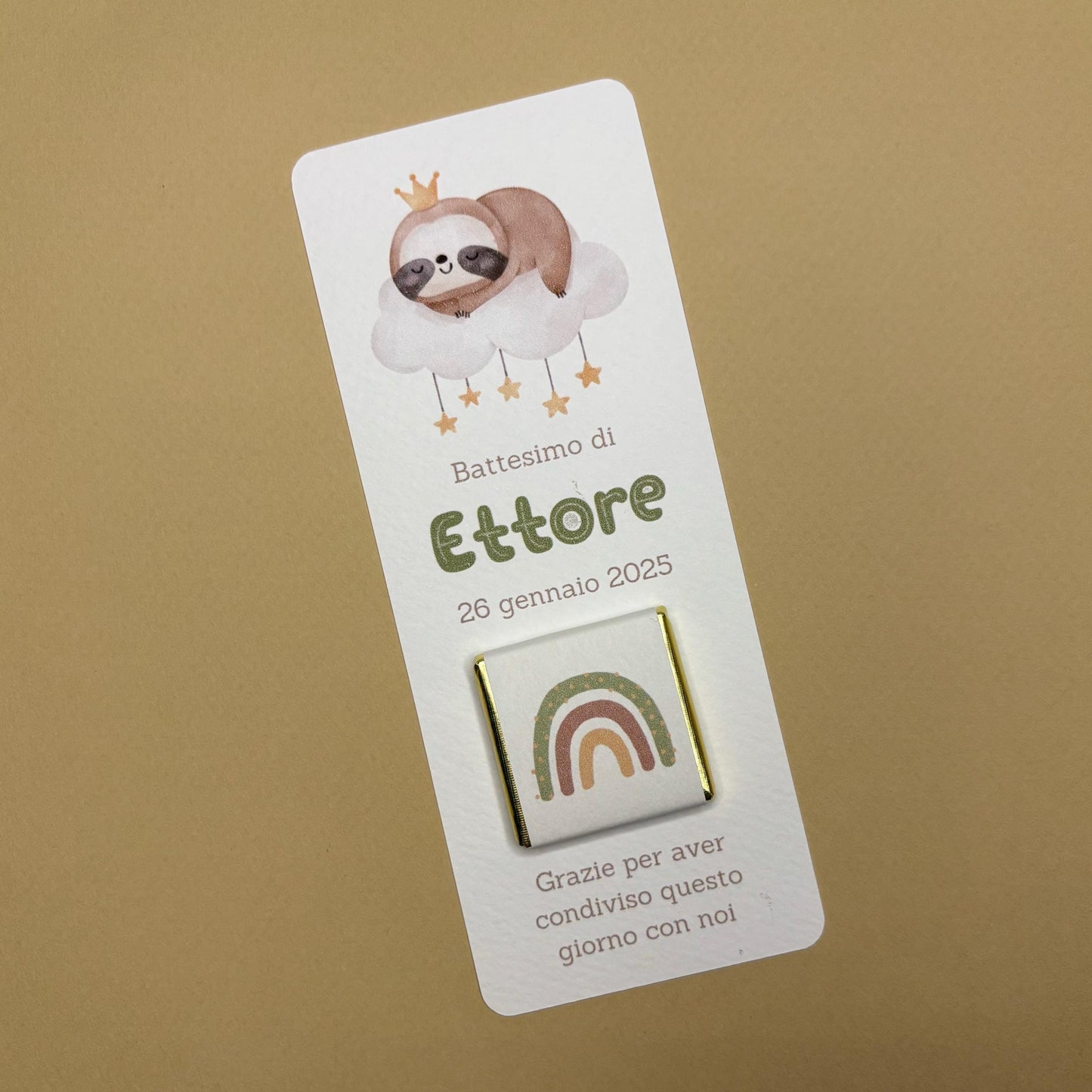 Segnaposto Battesimo bambino con Bradipo su Nuvoletta, cioccolatino con bradipo bambina, Compleanno tema animali carini