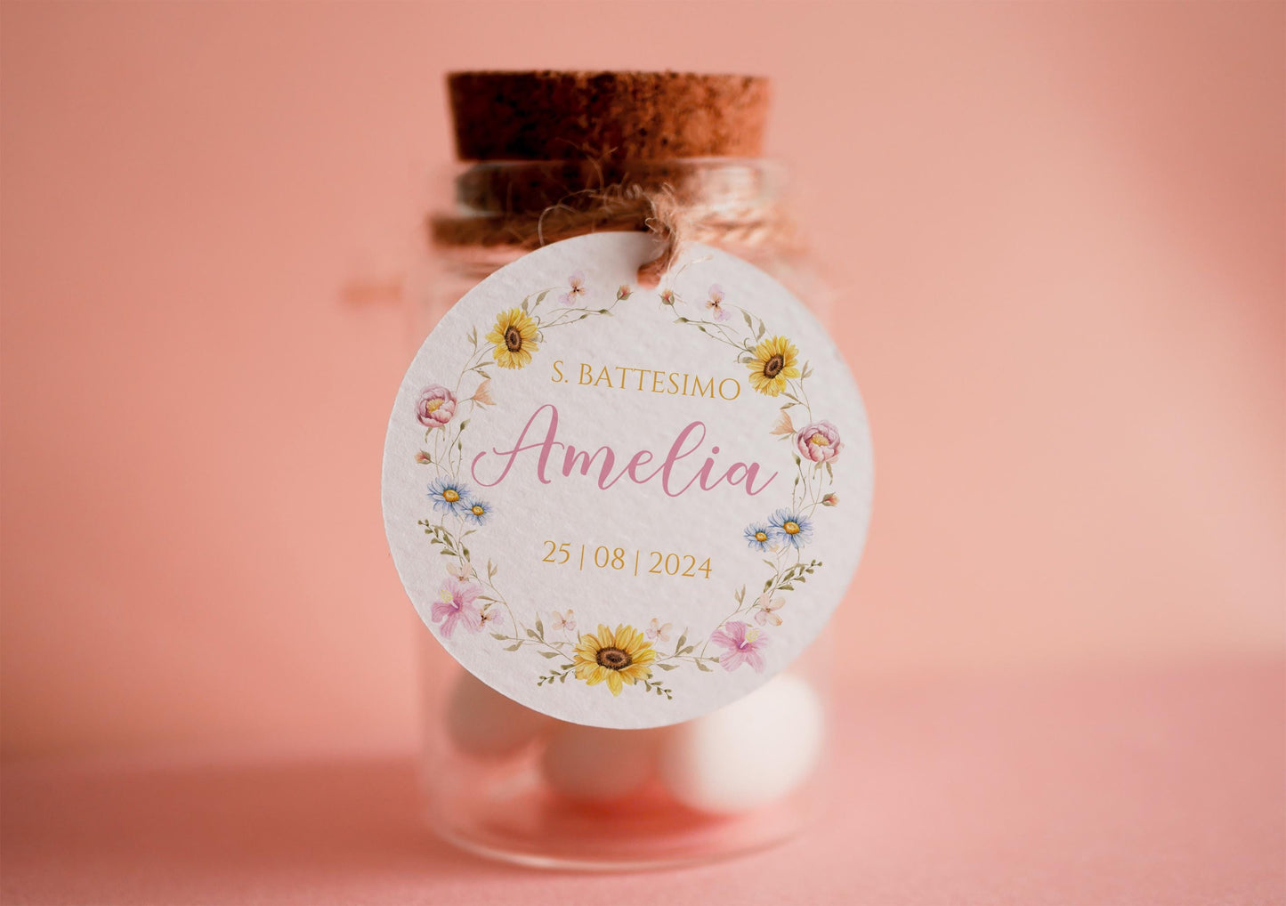 Tag tondi floreali bambina per Battesimo, Prima Comunione, segnaposto tavola Comunione, tag Cresima fiori