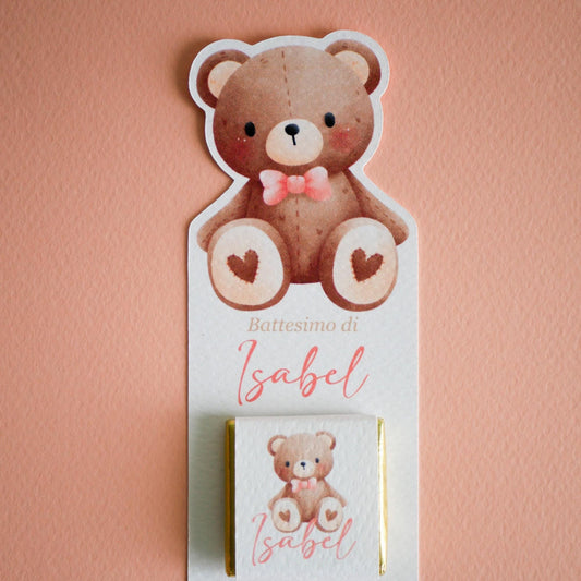Cioccolatino personalizzato con segnalibro per Battesimo orsetto, segnaposto nascita, tavola compleanno, orsetto carino con fiocco rosa