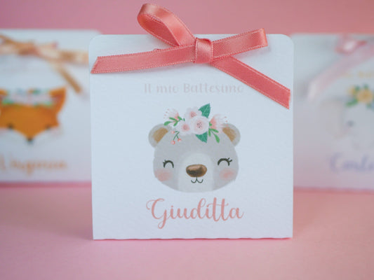 Scatolina battesimo, scatolina porta confetti nascita, bomboniera battesimo bambina animali del bosco
