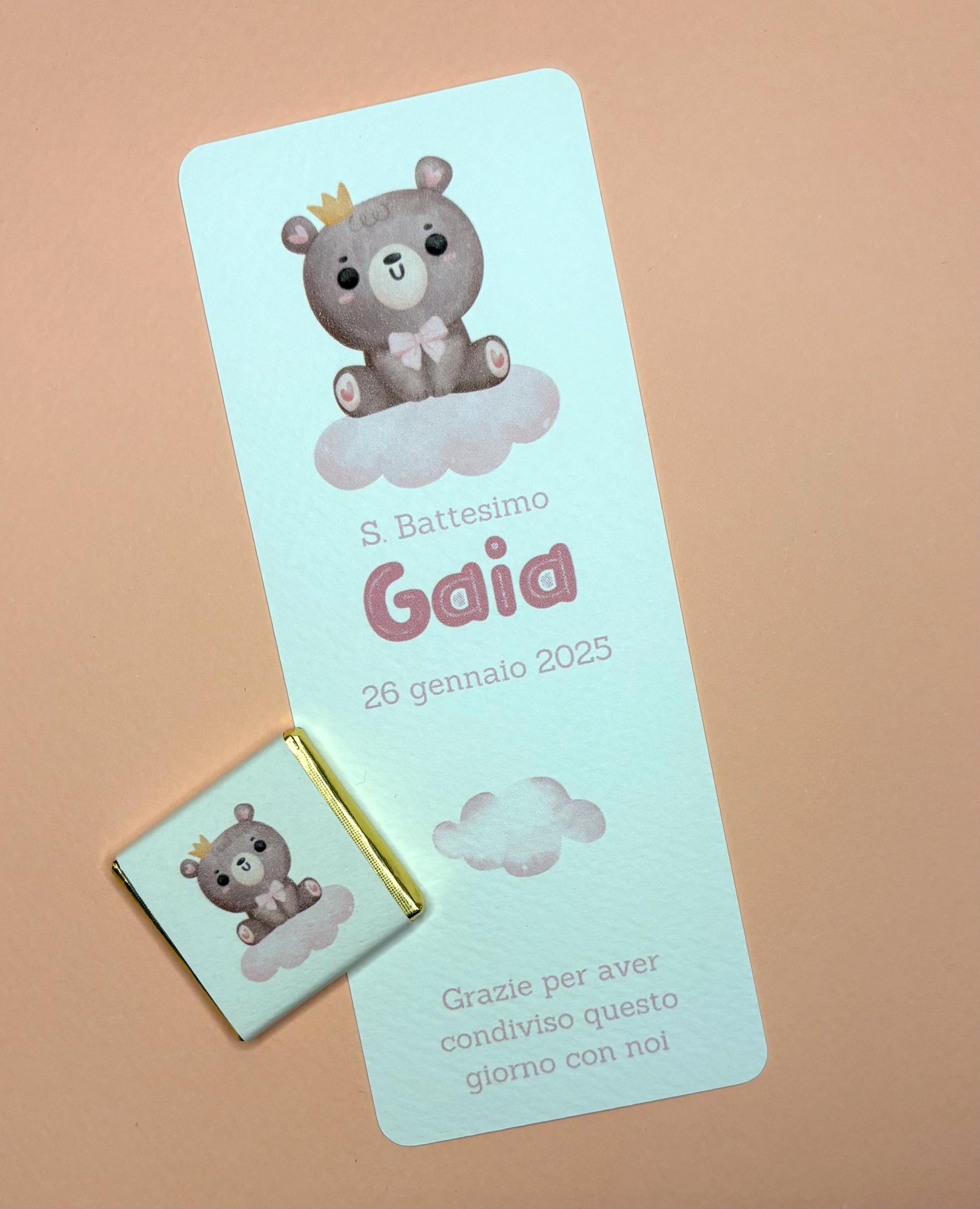 Segnaposto con orsetto, cioccolatino personalizzato per Battesimo bimbo, regalo fine festa bimba, orsetto carino con fiocco blu e nuvoletta