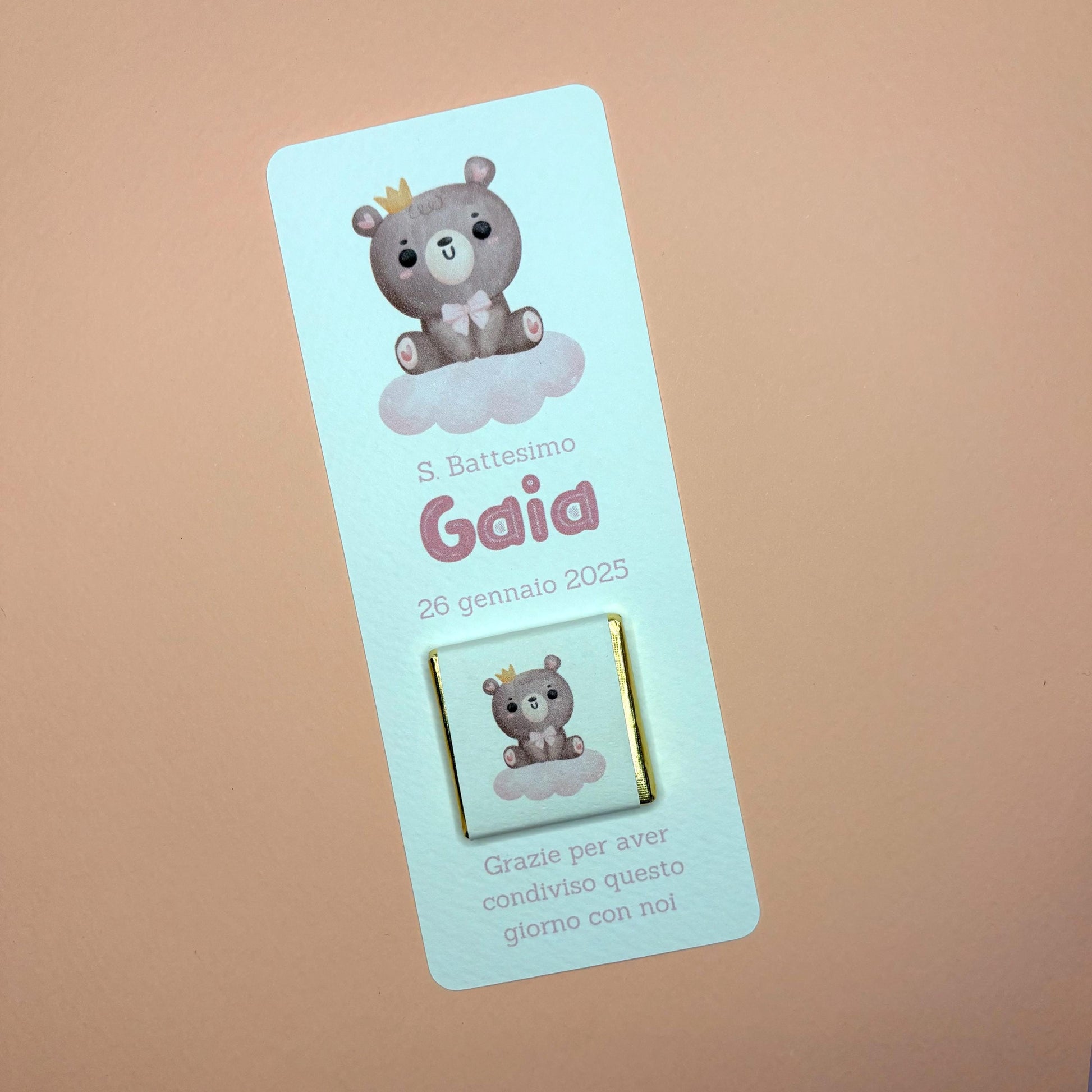 Segnaposto con orsetto, cioccolatino personalizzato per Battesimo bimbo, regalo fine festa bimba, orsetto carino con fiocco blu e nuvoletta