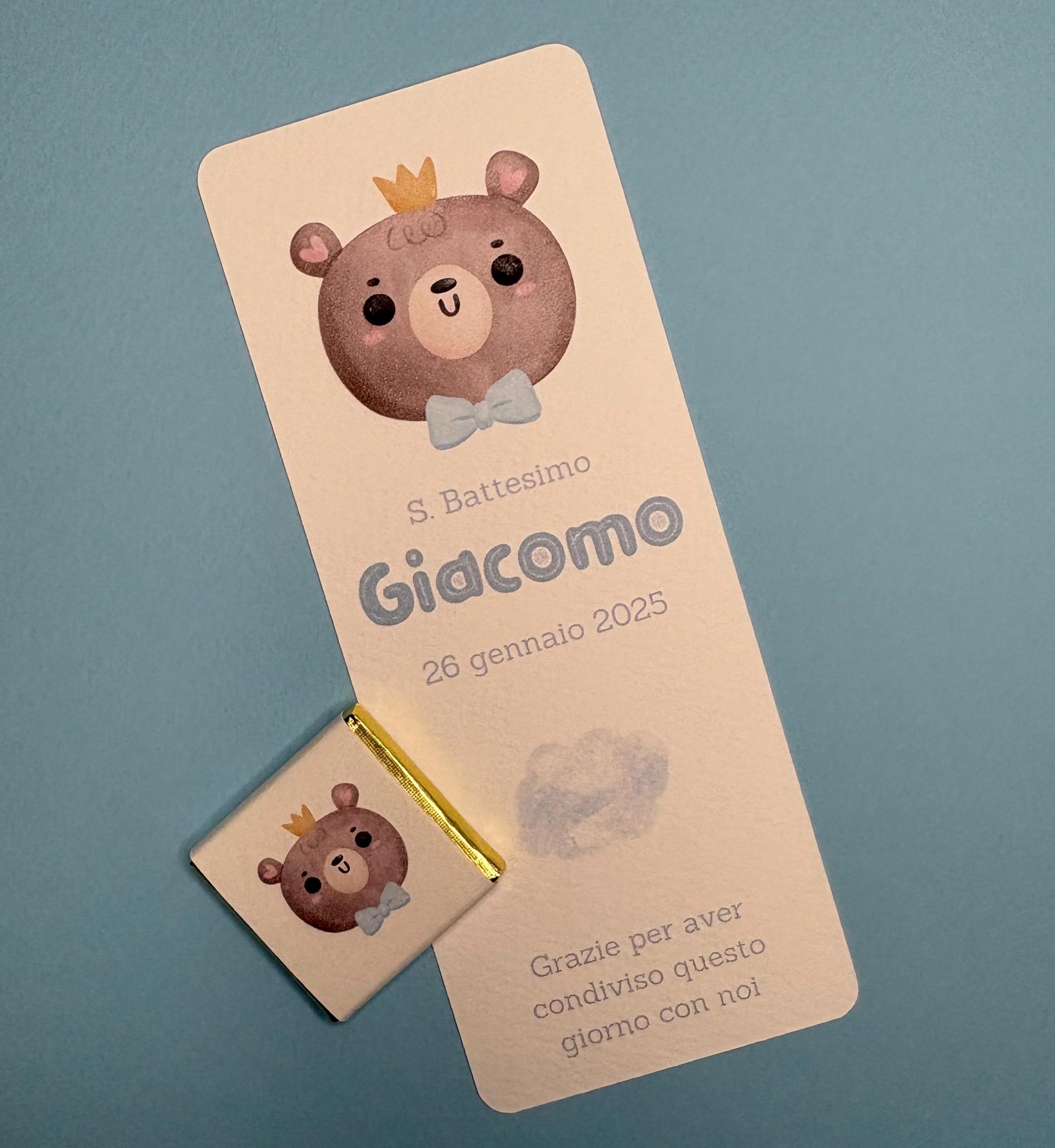 Segnaposto con orsetto, cioccolatino personalizzato per Battesimo bimbo, regalo fine festa bimba, orsetto carino con fiocco blu e nuvoletta