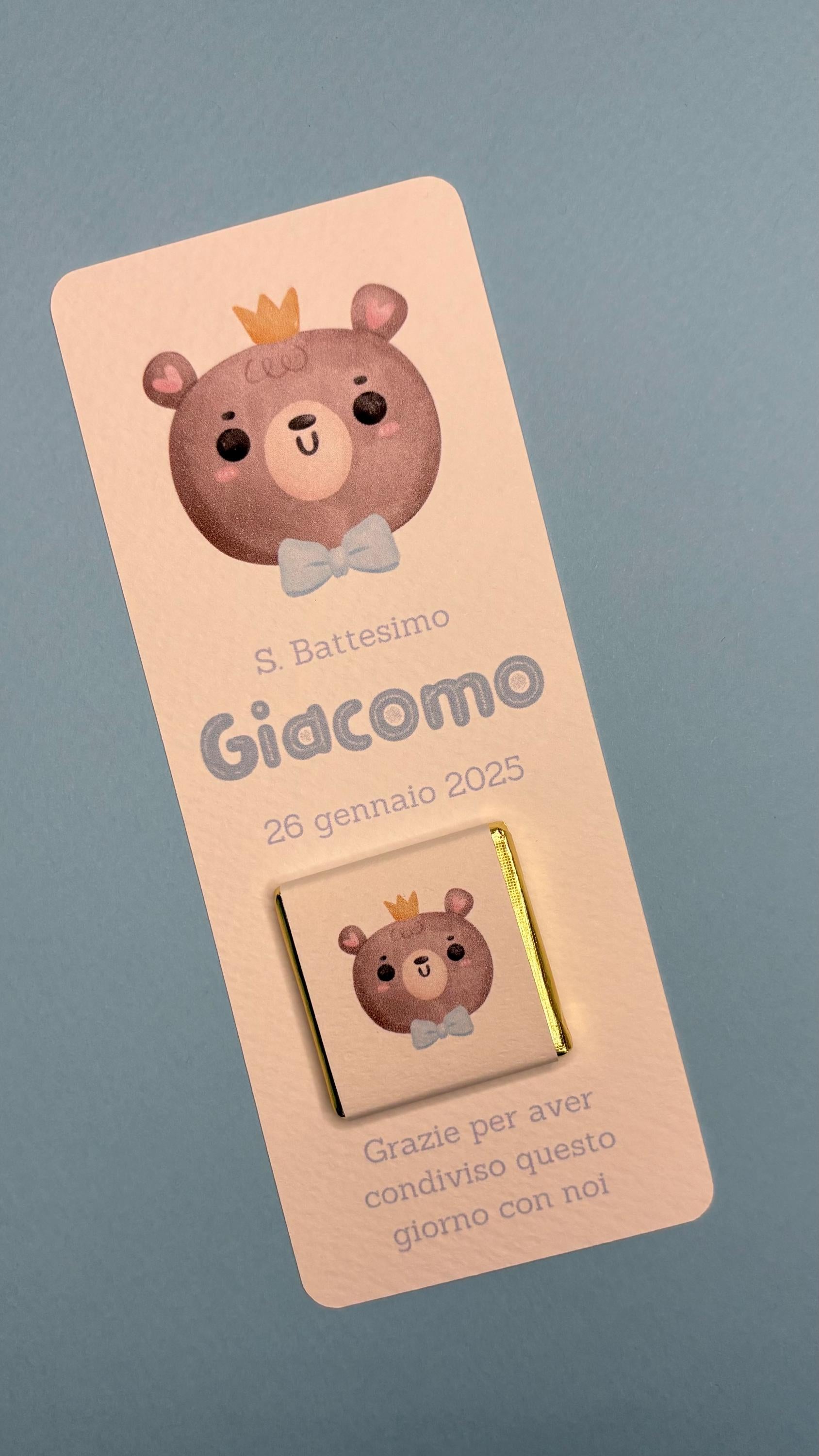 Segnaposto con orsetto, cioccolatino personalizzato per Battesimo bimbo, regalo fine festa bimba, orsetto carino con fiocco blu e nuvoletta