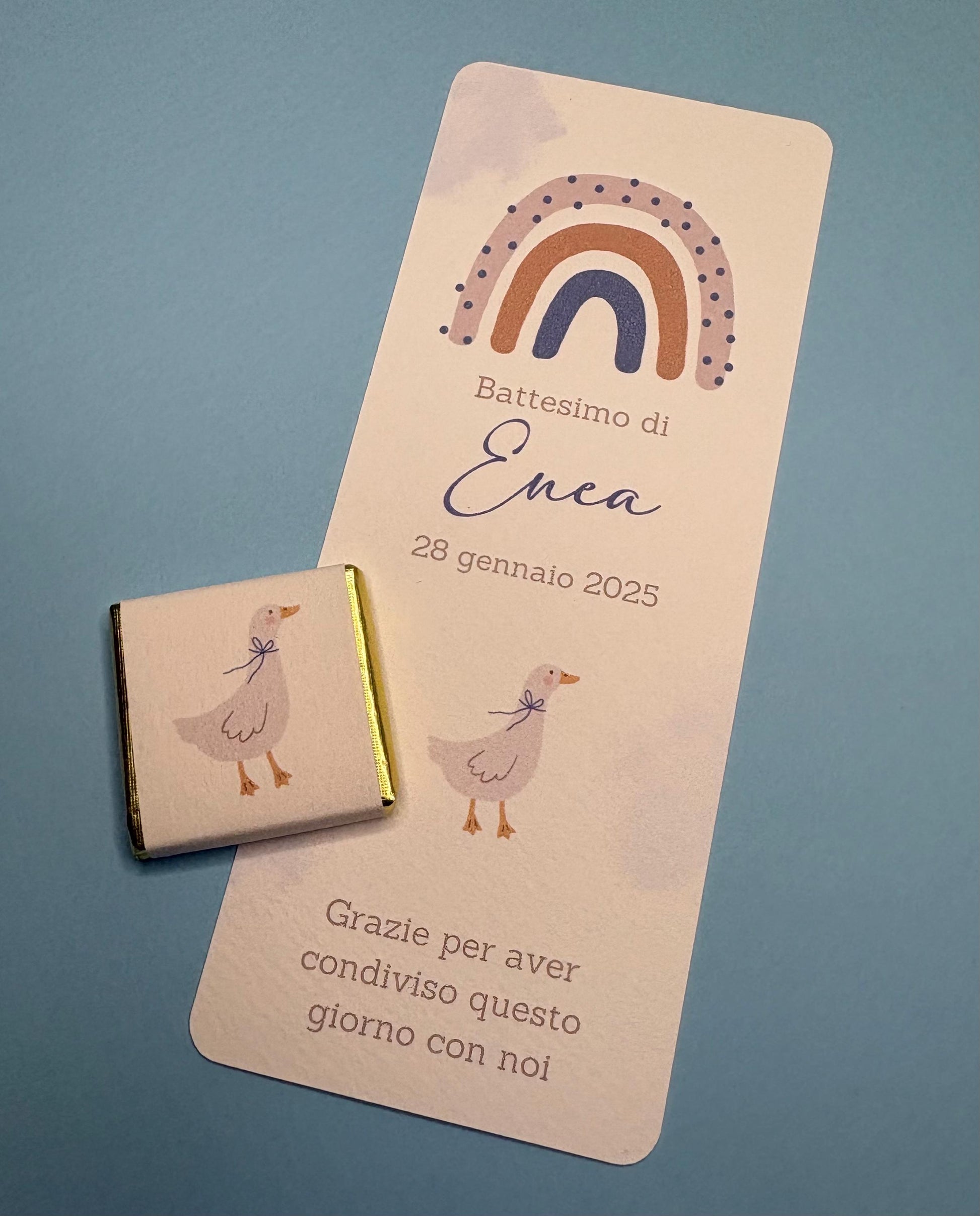 Segnaposto cioccolatino per Battesimo bambino con arcobaleno e anatra, regalo fine festa per compleanno, bomboniera stile country boho