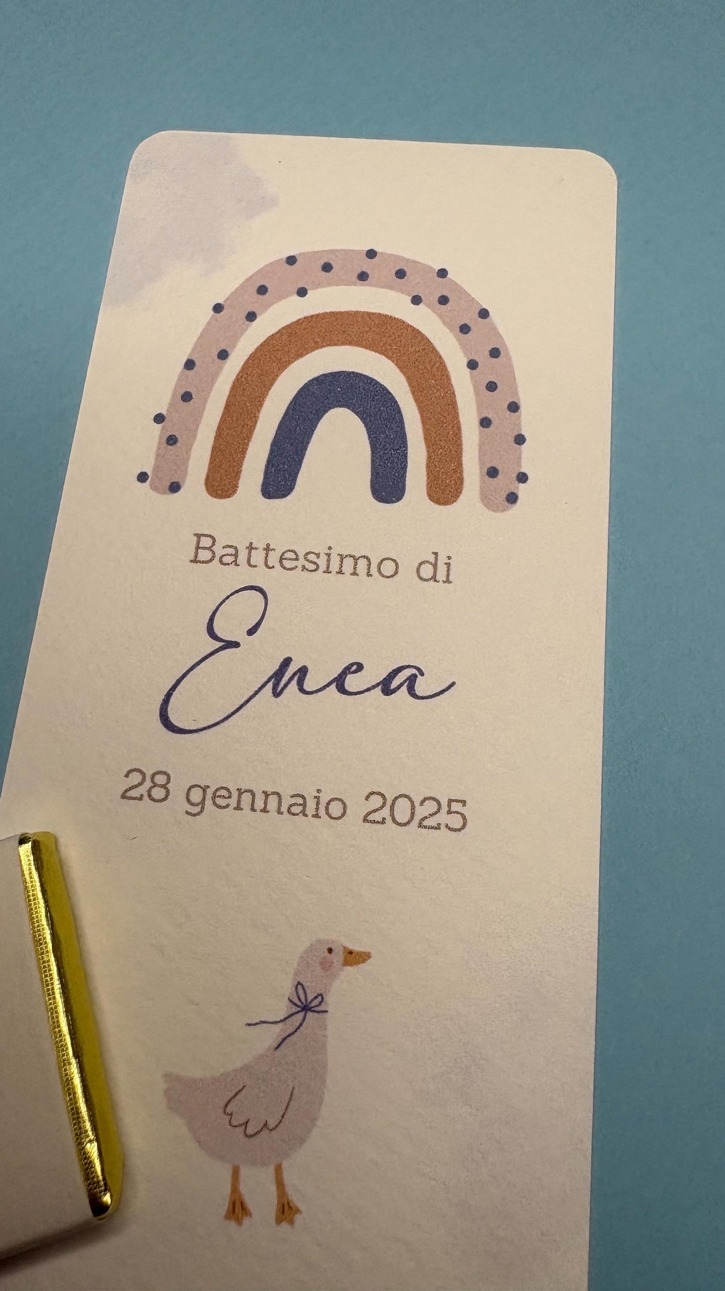 Segnaposto cioccolatino per Battesimo bambino con arcobaleno e anatra, regalo fine festa per compleanno, bomboniera stile country boho