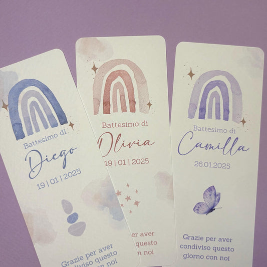 Segnaposti Battesimo con arcobaleno, segnaposto con cioccolatino, bomboniera Comunione, segnalibro Cresima, omaggio in stile boho bimba