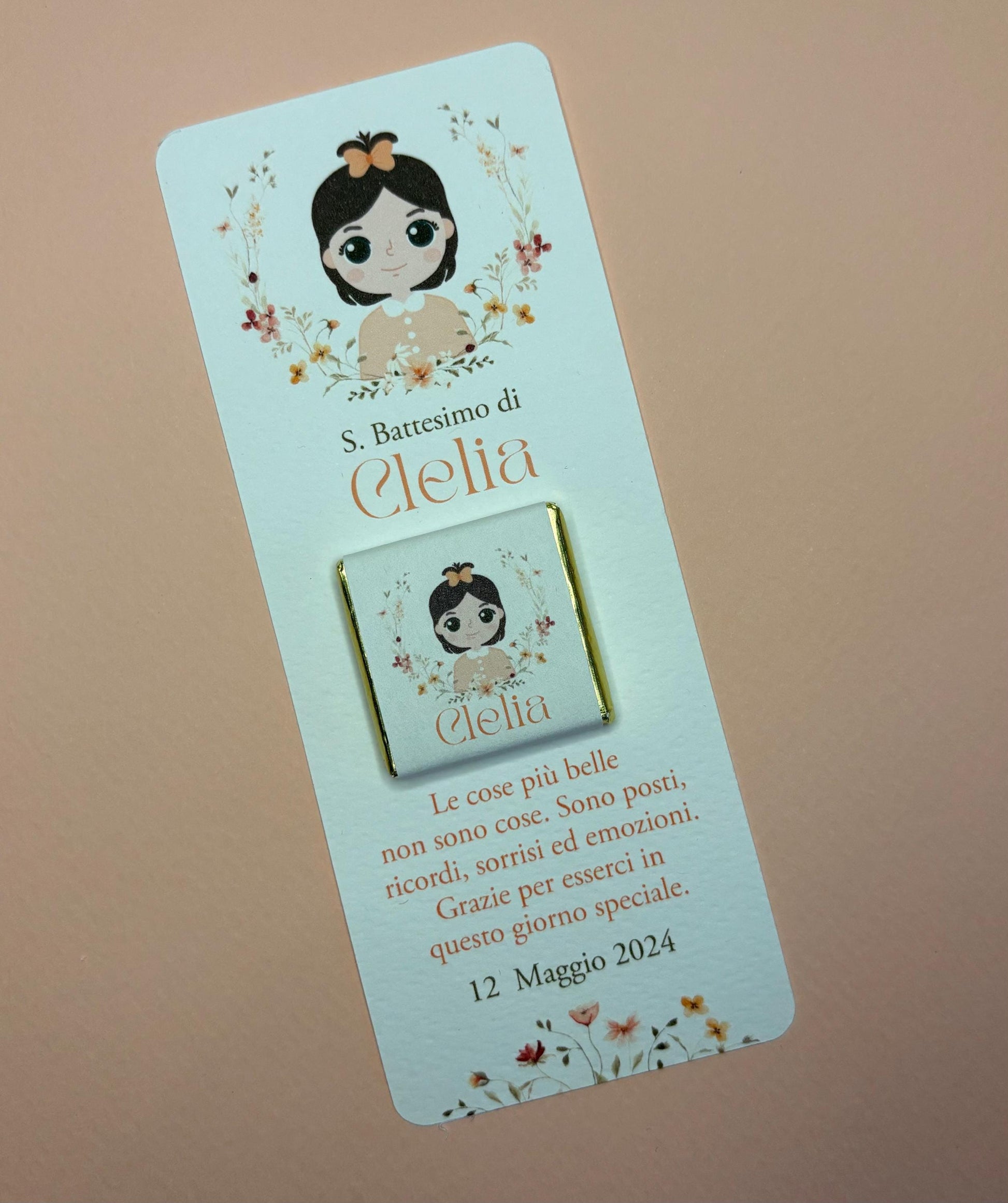 Segnaposto personalizzato per Battesimo con cioccolatino, segnalibro con ritratto personalizzato, segnaposto bambina, regalo bambino