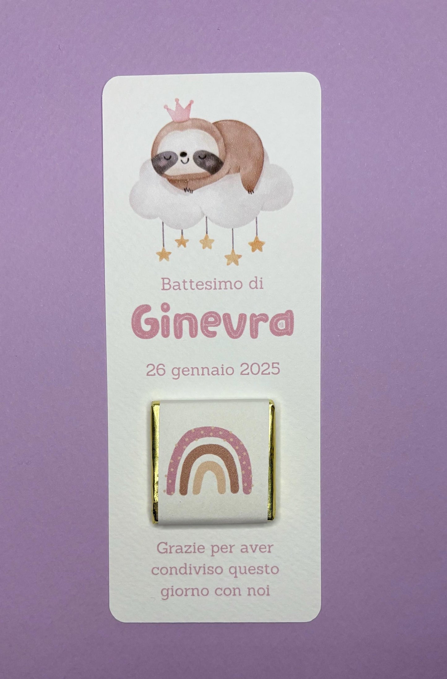 Segnaposto Battesimo bambino con Bradipo su Nuvoletta, cioccolatino con bradipo bambina, Compleanno tema animali carini