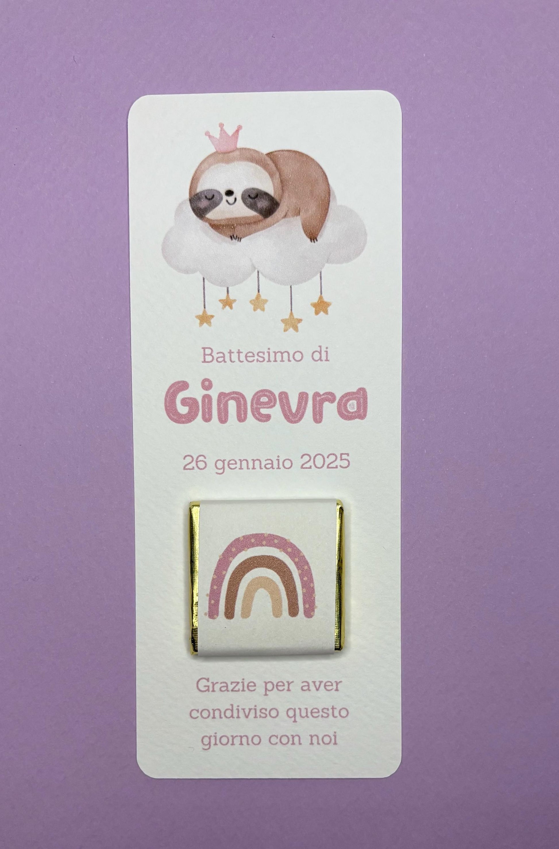 Segnaposto Battesimo bambino con Bradipo su Nuvoletta, cioccolatino con bradipo bambina, Compleanno tema animali carini