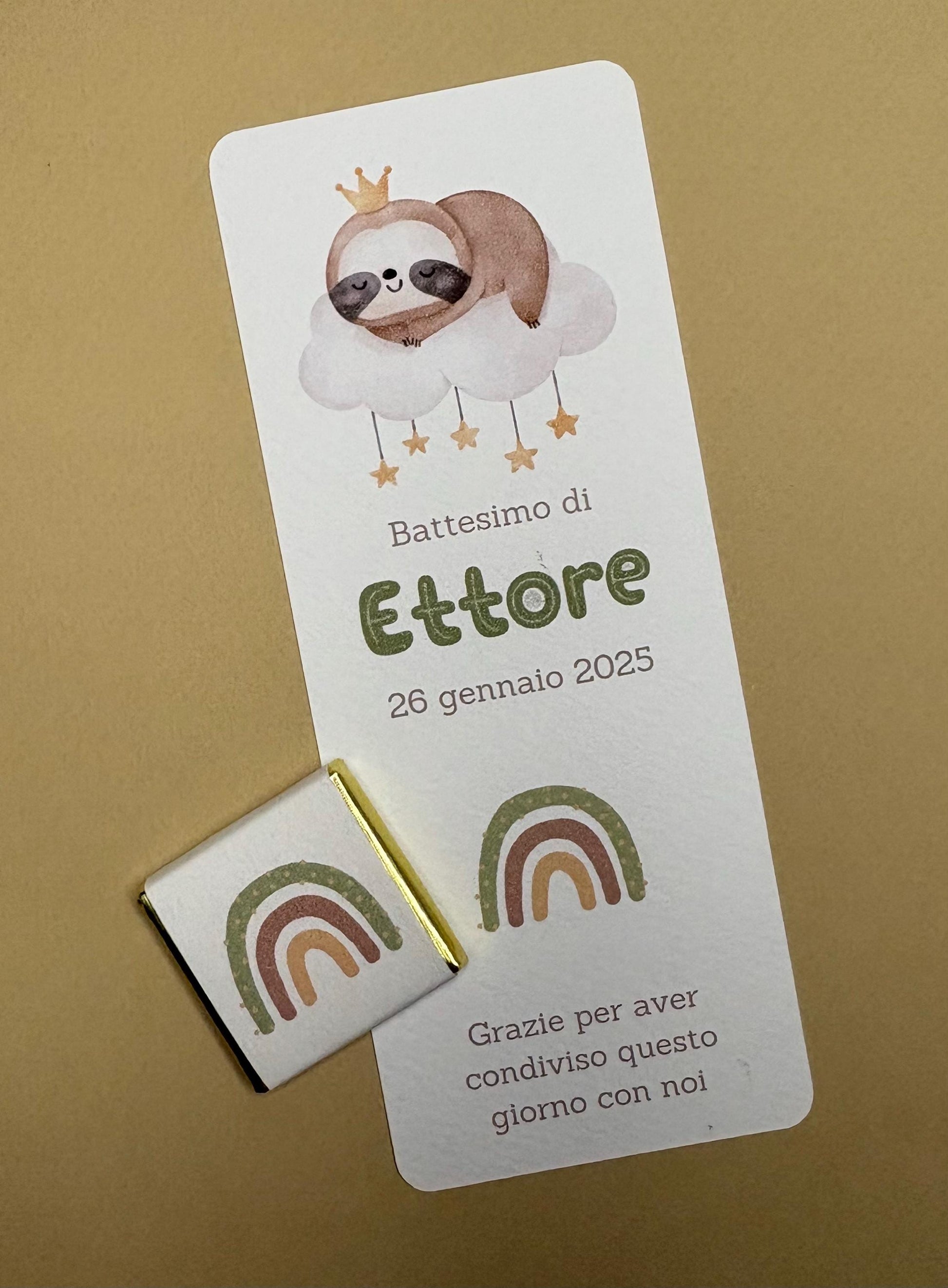 Segnaposto Battesimo bambino con Bradipo su Nuvoletta, cioccolatino con bradipo bambina, Compleanno tema animali carini