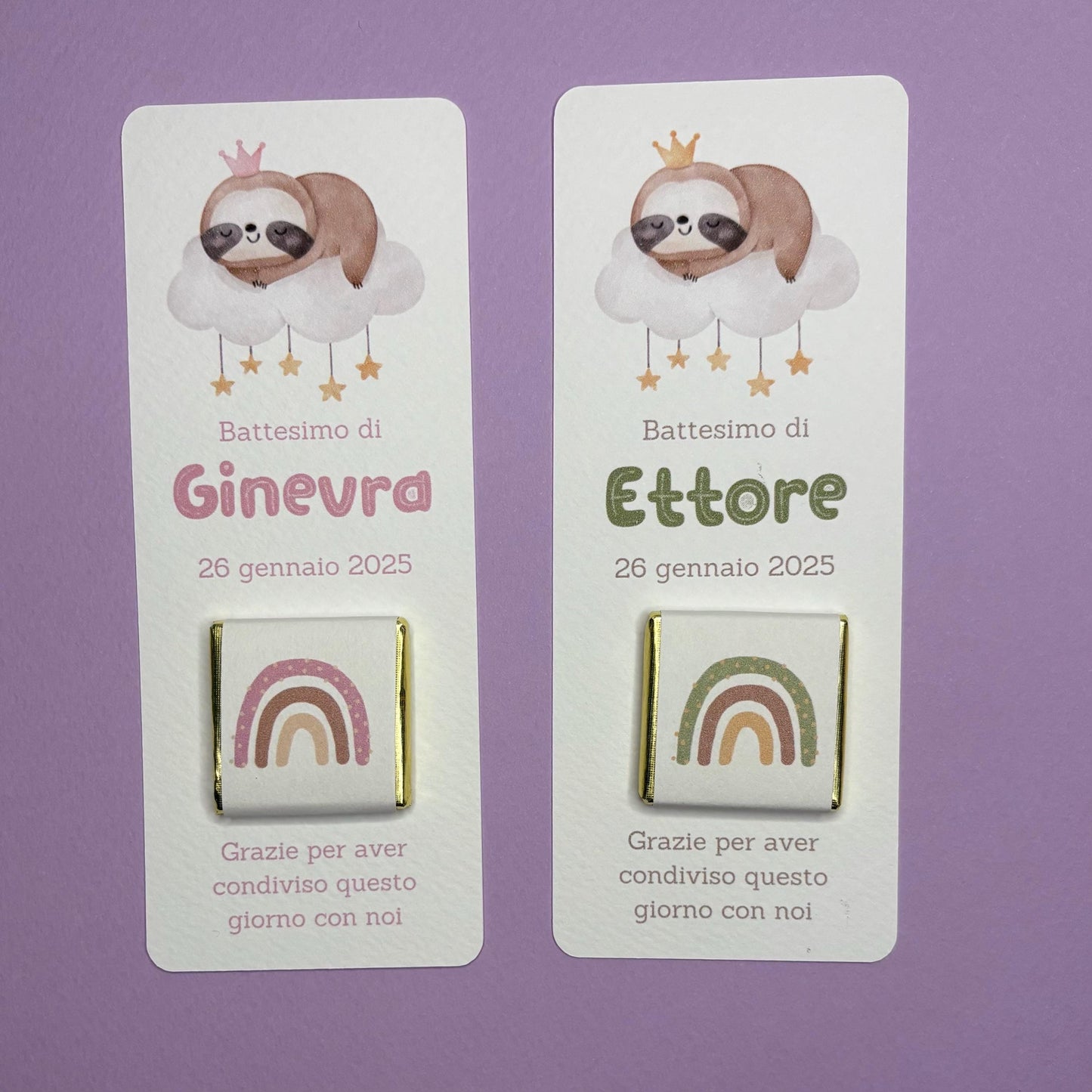 Segnaposto Battesimo bambino con Bradipo su Nuvoletta, cioccolatino con bradipo bambina, Compleanno tema animali carini
