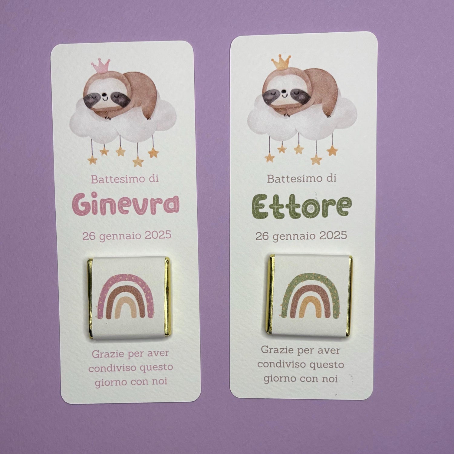 Segnaposto Battesimo bambino con Bradipo su Nuvoletta, cioccolatino con bradipo bambina, Compleanno tema animali carini