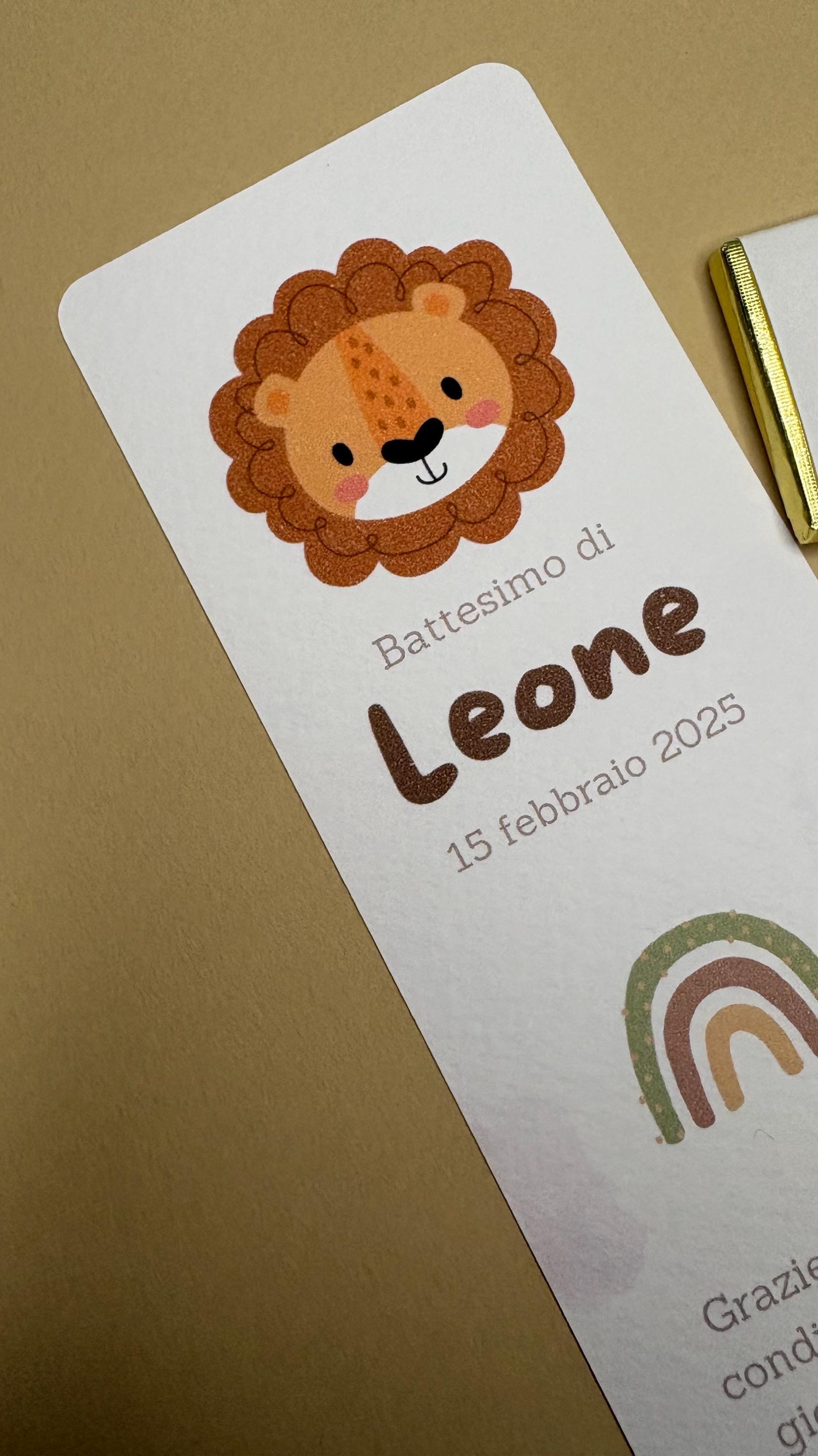 Cioccolatino e segnalibro personalizzato con animali della savana: leoncino per perfetto per festeggiare il primo compleanno o Battesimo