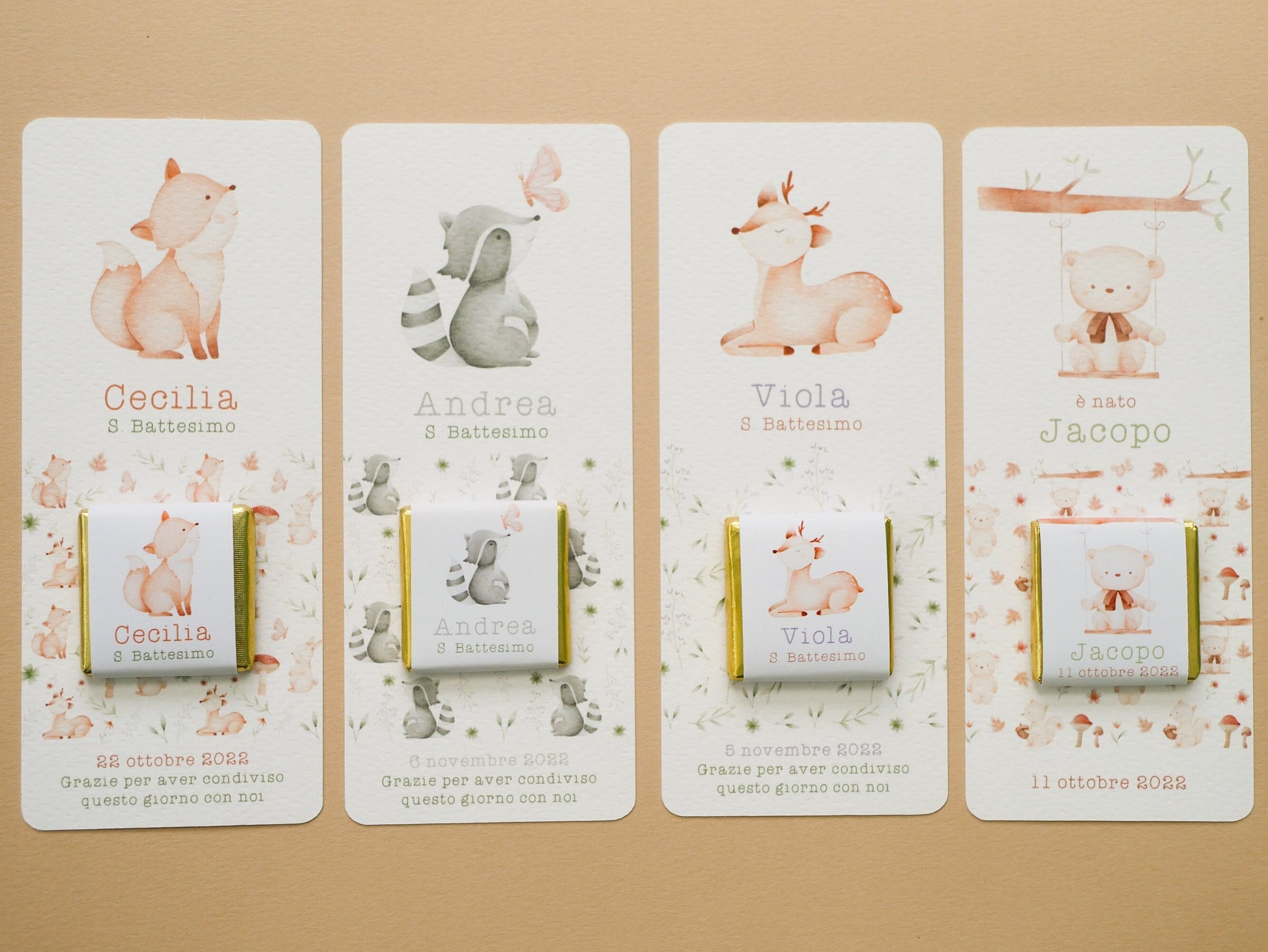 Cioccolatino personalizzato con segnalibro per Battesimo bambino con animali del bosco, segnaposto volpe, tavola Comunione, Cresima procione