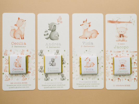 Cioccolatino personalizzato con segnalibro per Battesimo bambino con animali del bosco, segnaposto volpe, tavola Comunione, Cresima procione
