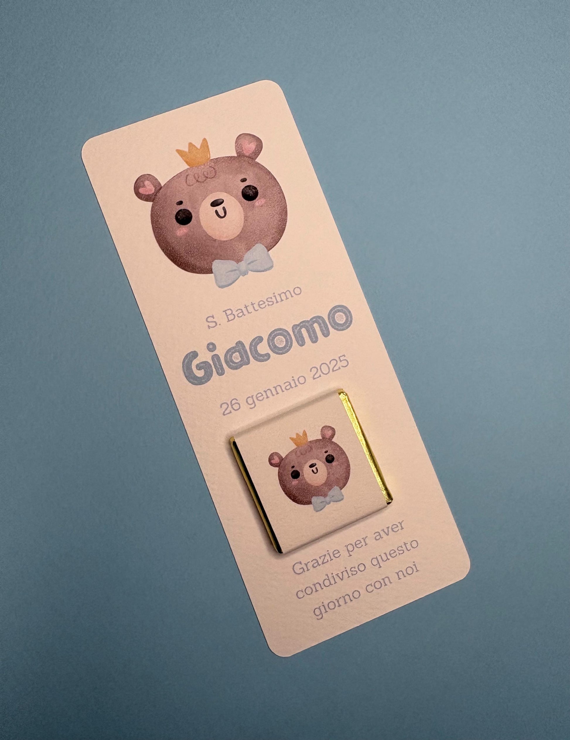 Segnaposto con orsetto, cioccolatino personalizzato per Battesimo bimbo, regalo fine festa bimba, orsetto carino con fiocco blu e nuvoletta