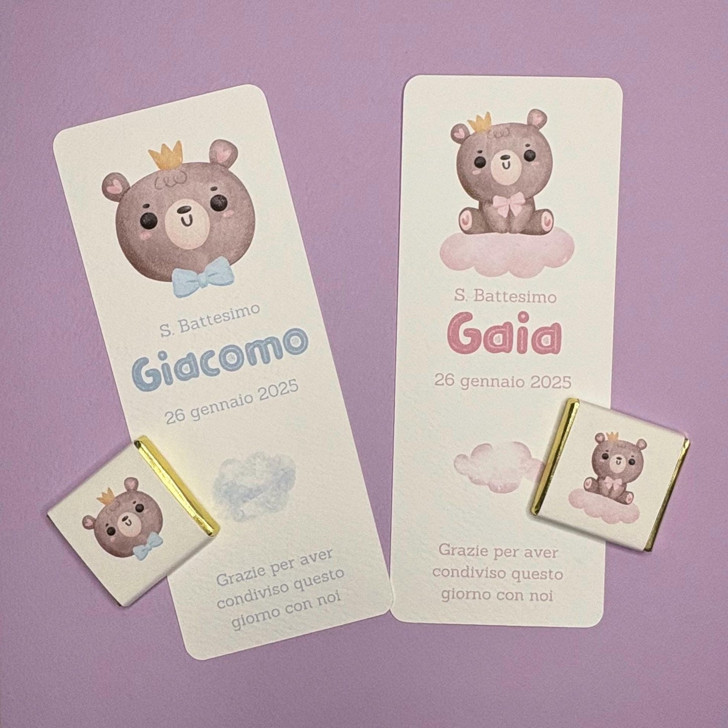 Segnaposto con orsetto, cioccolatino personalizzato per Battesimo bimbo, regalo fine festa bimba, orsetto carino con fiocco blu e nuvoletta