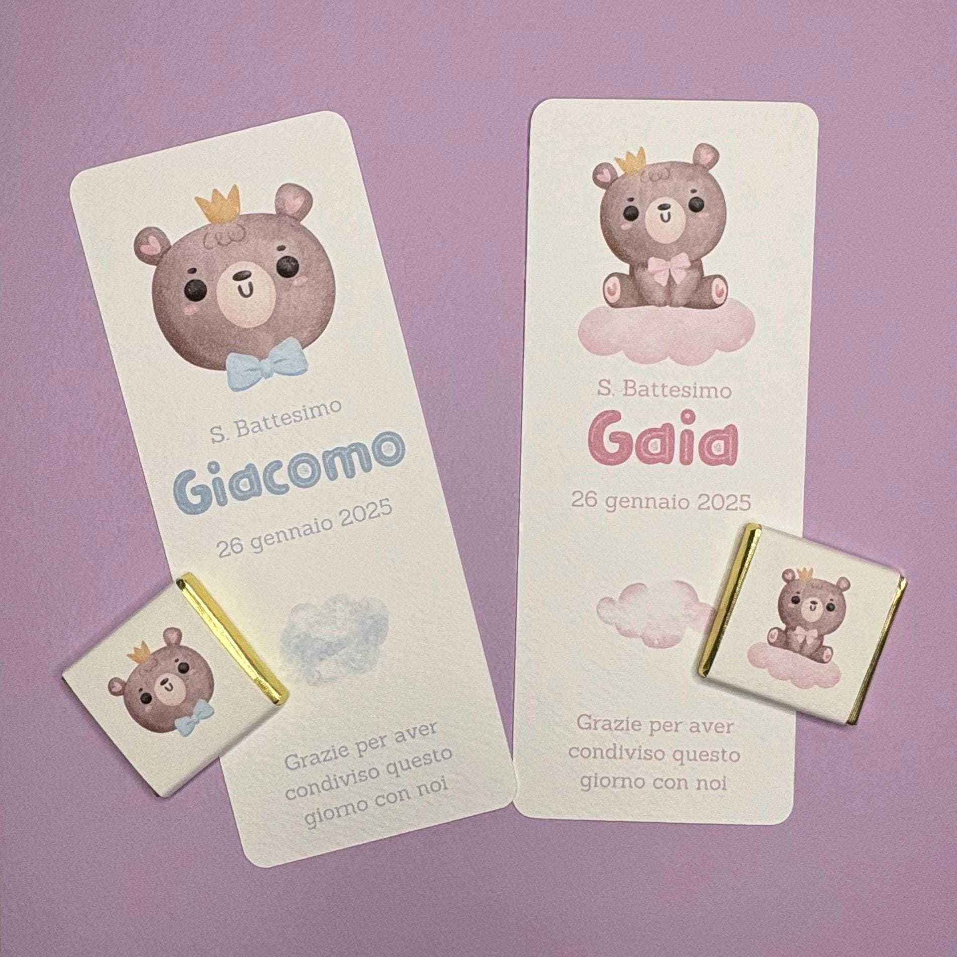 Segnaposto con orsetto, cioccolatino personalizzato per Battesimo bimbo, regalo fine festa bimba, orsetto carino con fiocco blu e nuvoletta