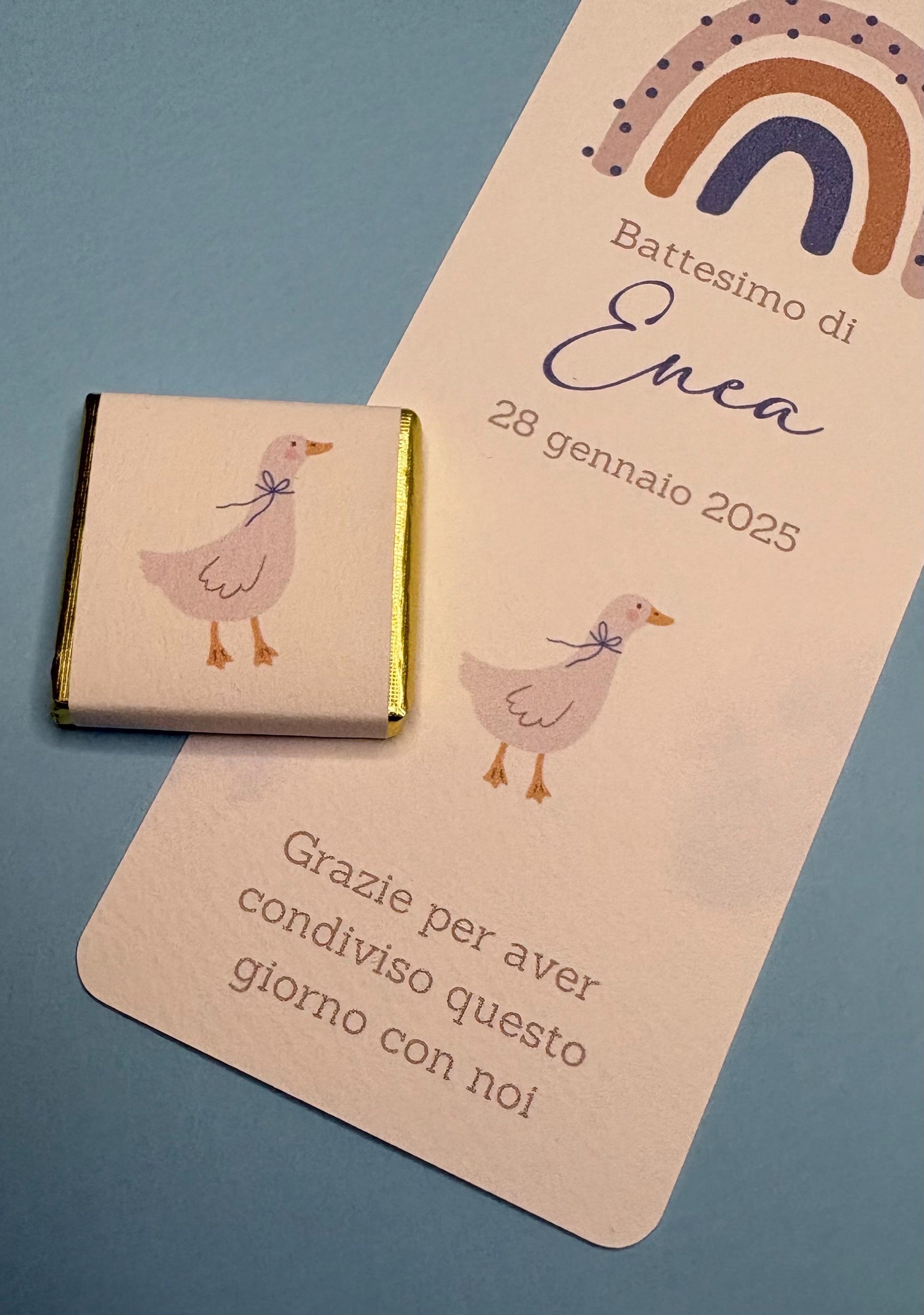 Segnaposto cioccolatino per Battesimo bambino con arcobaleno e anatra, regalo fine festa per compleanno, bomboniera stile country boho