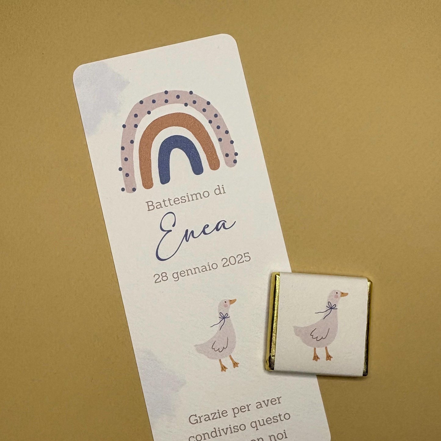 Segnaposto cioccolatino per Battesimo bambino con arcobaleno e anatra, regalo fine festa per compleanno, bomboniera stile country boho