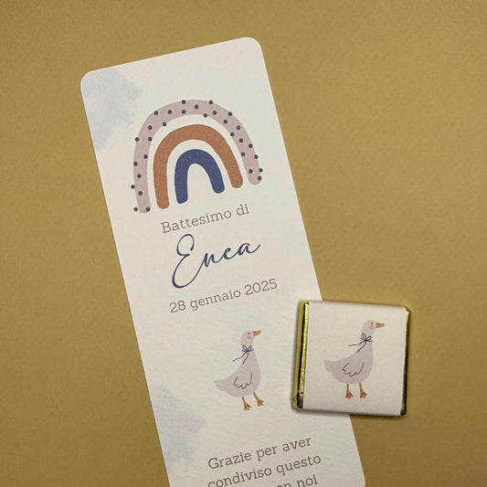 Segnaposto cioccolatino per Battesimo bambino con arcobaleno e anatra, regalo fine festa per compleanno, bomboniera stile country boho