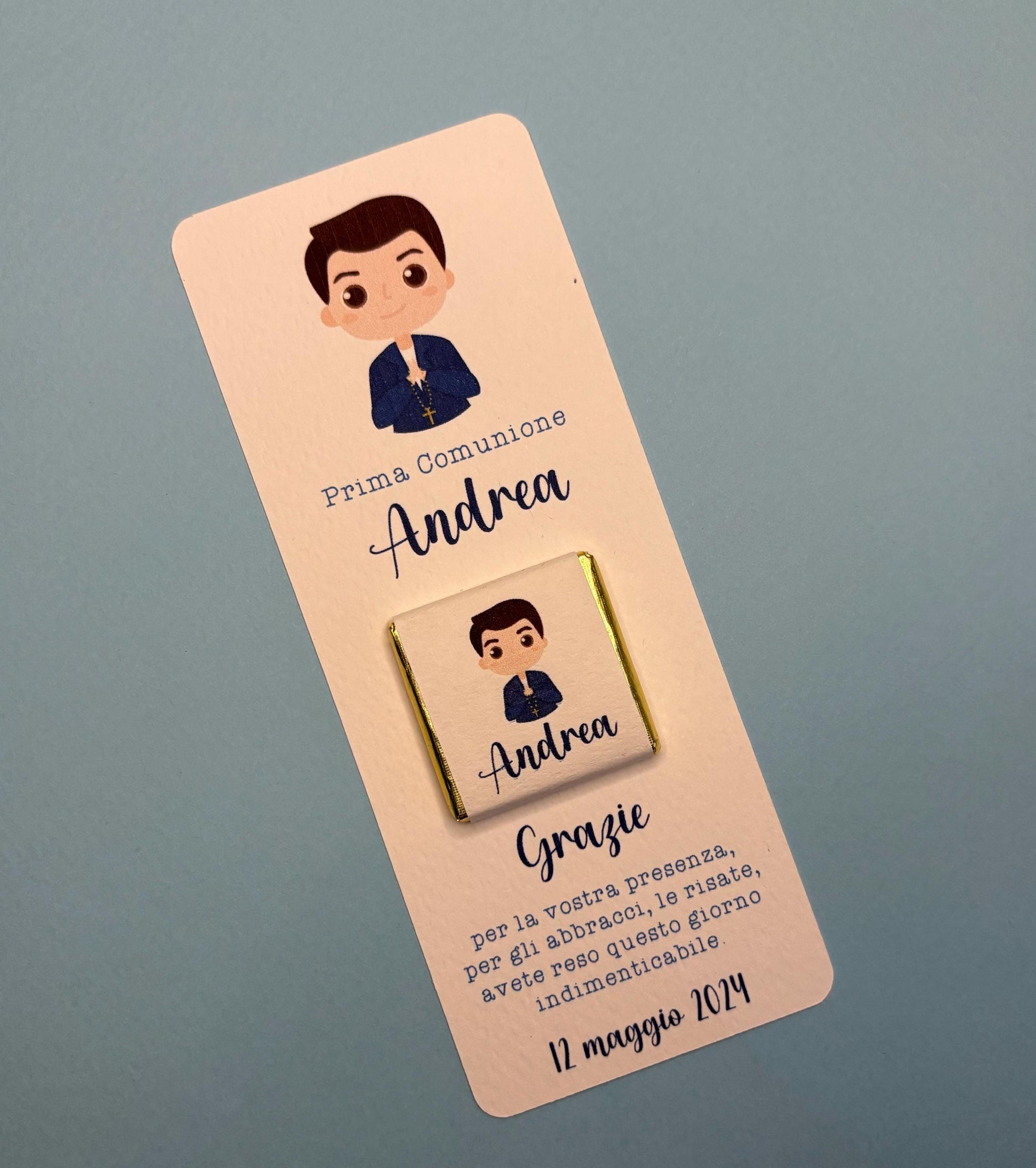 Cioccolatino personalizzato con segnalibro per Prima Comunione con ritratto personalizzato, segnaposto bambina, Cresima bambino