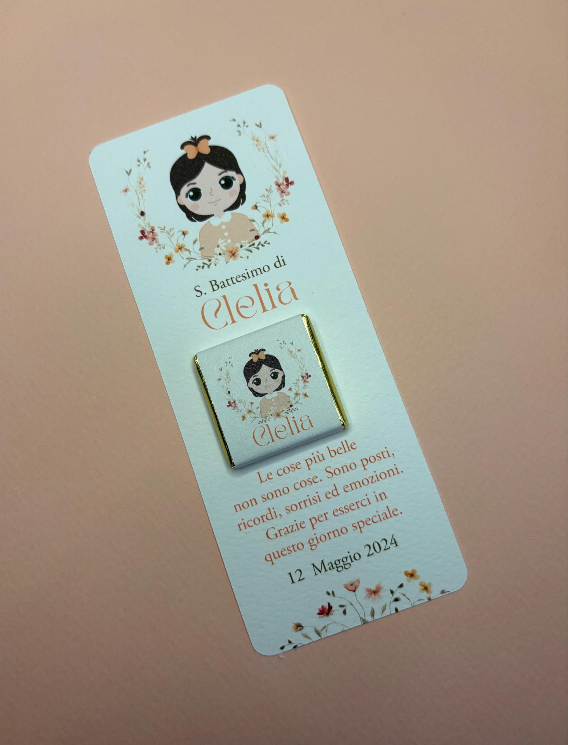 Segnaposto personalizzato per Battesimo con cioccolatino, segnalibro con ritratto personalizzato, segnaposto bambina, regalo bambino